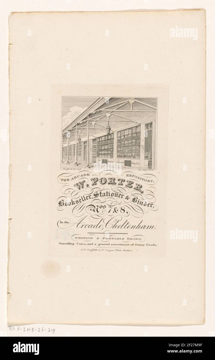Visitekaartje van boekverkoper W. Porter te Cheltenham.Schaufenster von W. Porter unter der überdachten Galerie der Arkade in Cheltenham. Neben dem Buchhändler war Porter auch Buchbinder, Lieferant von Büromaterial, Reisetaschen und anderen Waren. Stockfoto