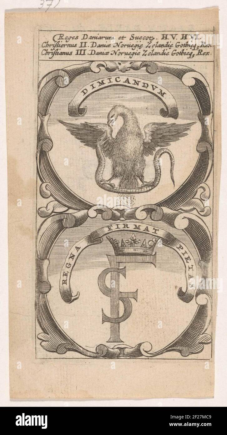 Adelaar met Slang / Gekroond Monogram FS; Dimicandum / Regna Firmat Pietas; Symbola Divina et Humana Pontificum Imperatorum Regum.ein Emblem mit zwei Aufführungen. Oben hat ein Adler mit ausgebreiteten Flügeln eine Schlange in seinen Krallen. Unter einem gekrönten Monogramm fs. Die Erfindungen von Christiaan II und Christiaan III von Dänemark. Stockfoto