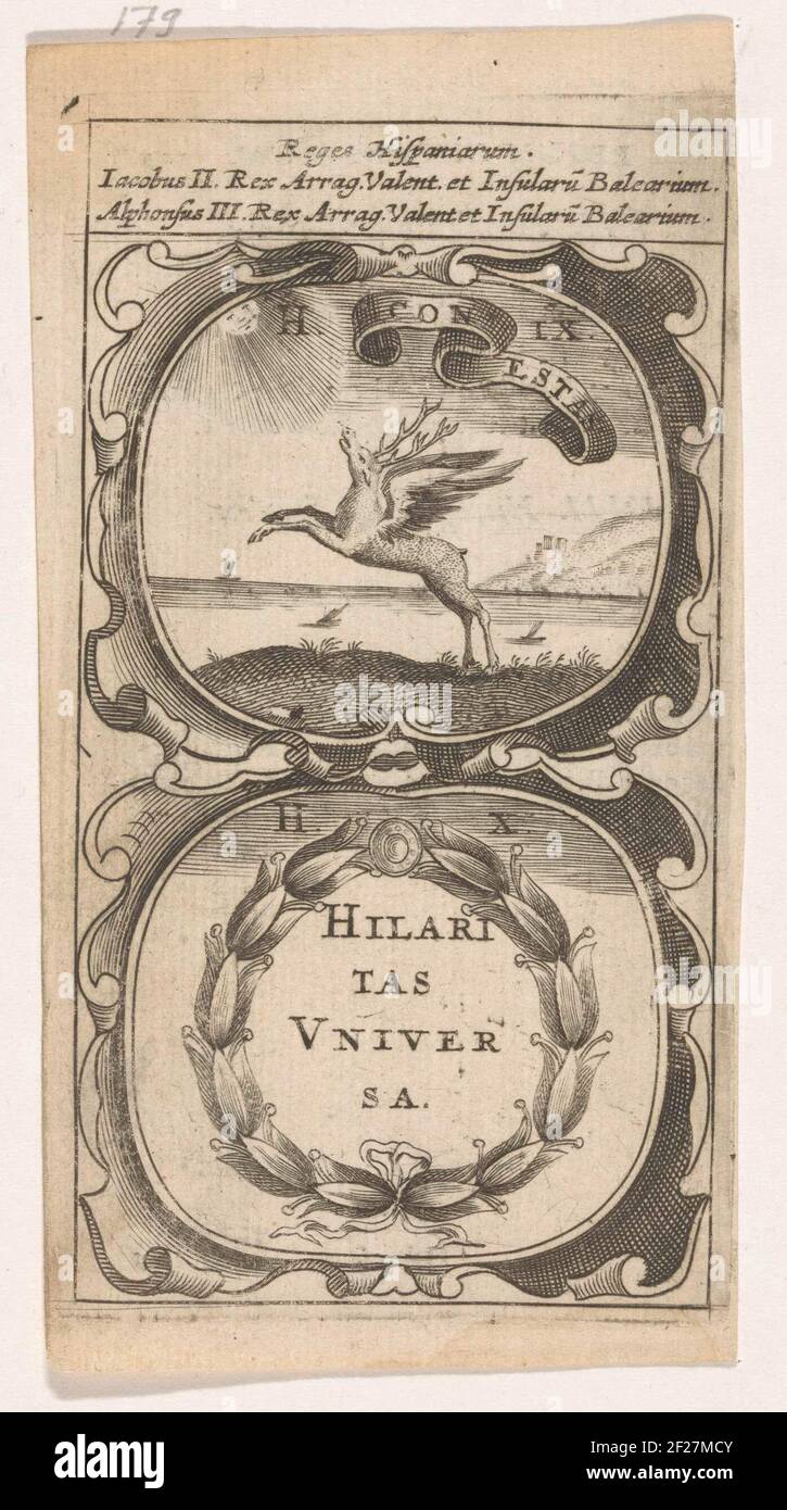 Gevleugeld hert / Bloemenkrans; Conestas / Hilaritas Universa; Symbola Divina et Humana Pontificum Imperatorum Regum.ein Emblem mit zwei Aufführungen. Über einer Landschaft mit einem geflügelten Hirsch, Sonnenstrahlen fangen. Unter einem Blumenkranz. Die Erfindungen von Jacobus II. Und Alfons III. Von Aragon. Stockfoto