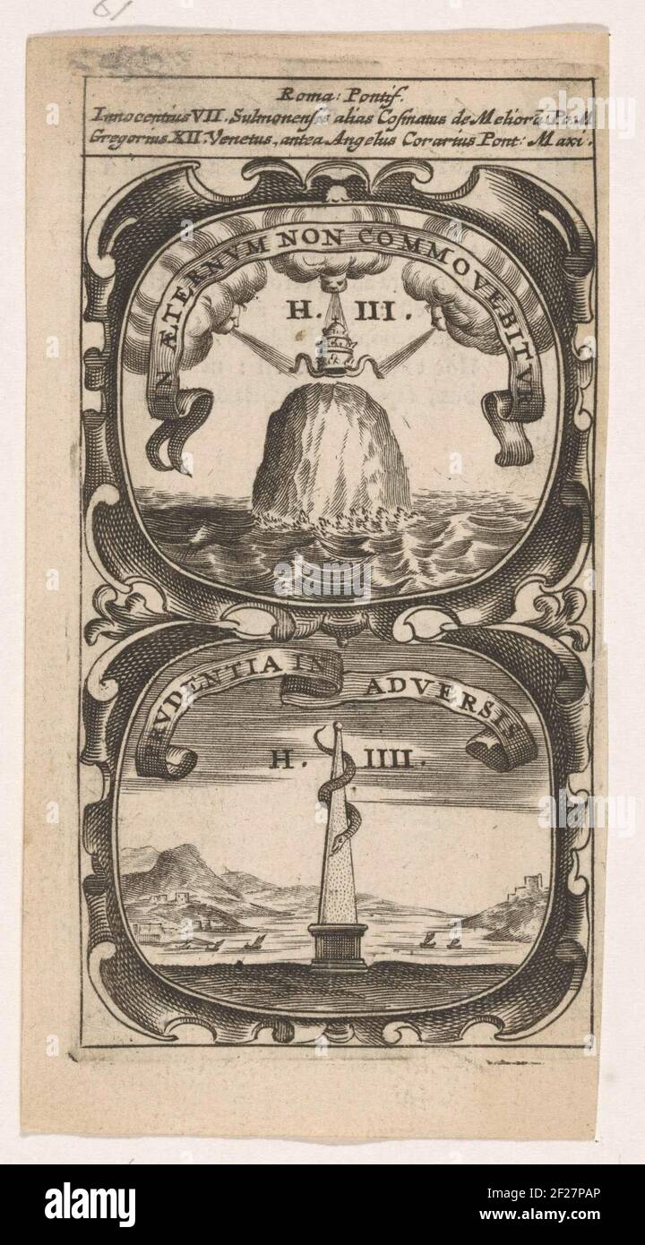 Tiara boven een rots in het water / Obelisk met Slang; in Aeternum Non Commovebitur / Prudentia in Adversis; Symbola Divina et Humana Pontificum Imperatorum Regum.ein Emblem mit zwei Aufführungen. Über drei Winden halten eine Tiara über einem Felsen im Wasser. Unter einer Landschaft mit einem Obelisken, um den sich ein Schlauch windet. Die Erfindungen von Papst Innocenti VII und Gregor XII.. Stockfoto