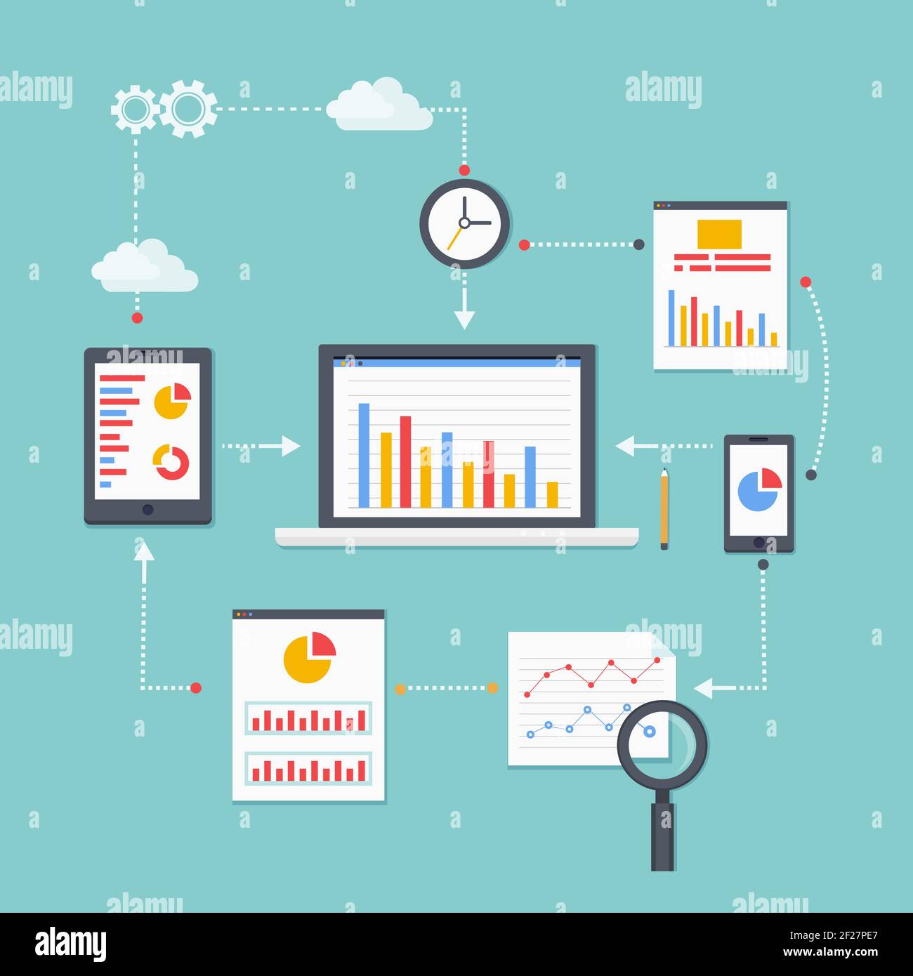 Flaches Vektor-Schema von Web-Analyse-Informationen, Entwicklung und Statistik. Vektorgrafik Stock Vektor
