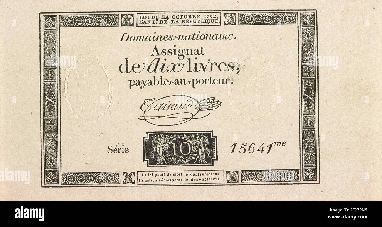 Assignaat van 10 Pfund, 1792; Assignat von zehn Pfund.Assignat von 10 Pfund. In Umlauf durch die National Domains, Serie 15641, über das Gesetz vom 24. Oktober 1792. Stockfoto