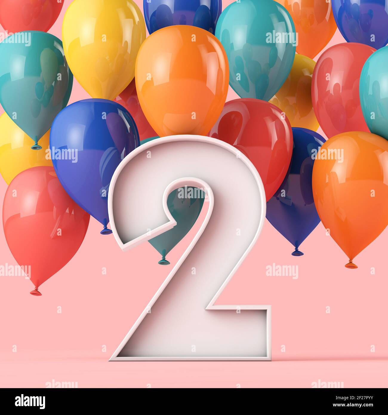 Happy 2nd Geburtstag Hintergrund mit bunten Ballons. 3D Rendering Stockfoto