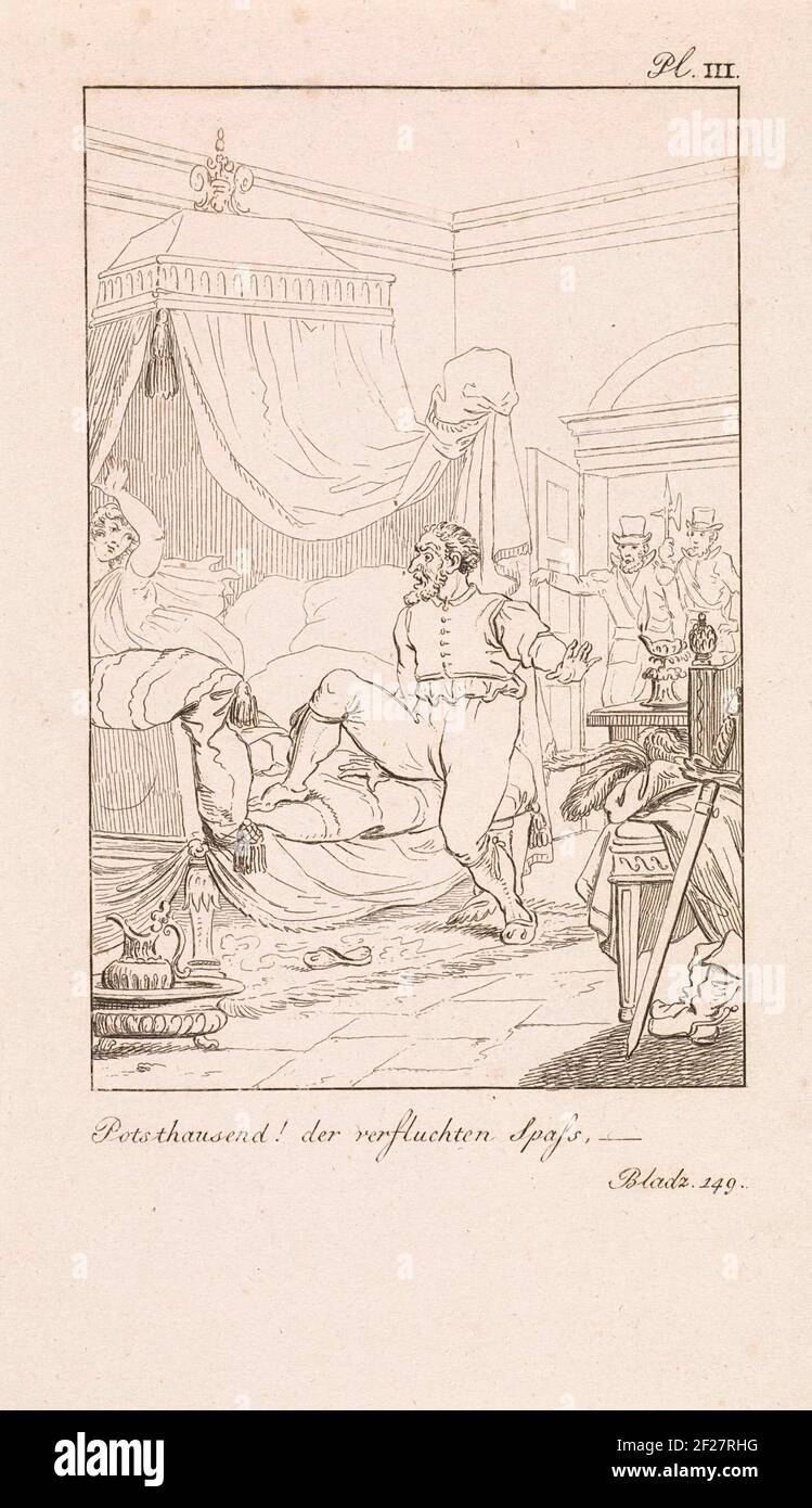 Man stap in een hemelbed bij een dame; Potsdamer hausend! Der verfluchten Spass, -.EIN Mann, der seinen Mantel, Hut und sein Schwert, die auf einem Stuhl liegen, entblößt hat, tritt in ein Himmelbett, in dem auch eine Dame ist. Zwei Männer kommen durch die Tür im Hintergrund. Oben rechts: pl. III Unten rechts: Bladz. 149. Stockfoto