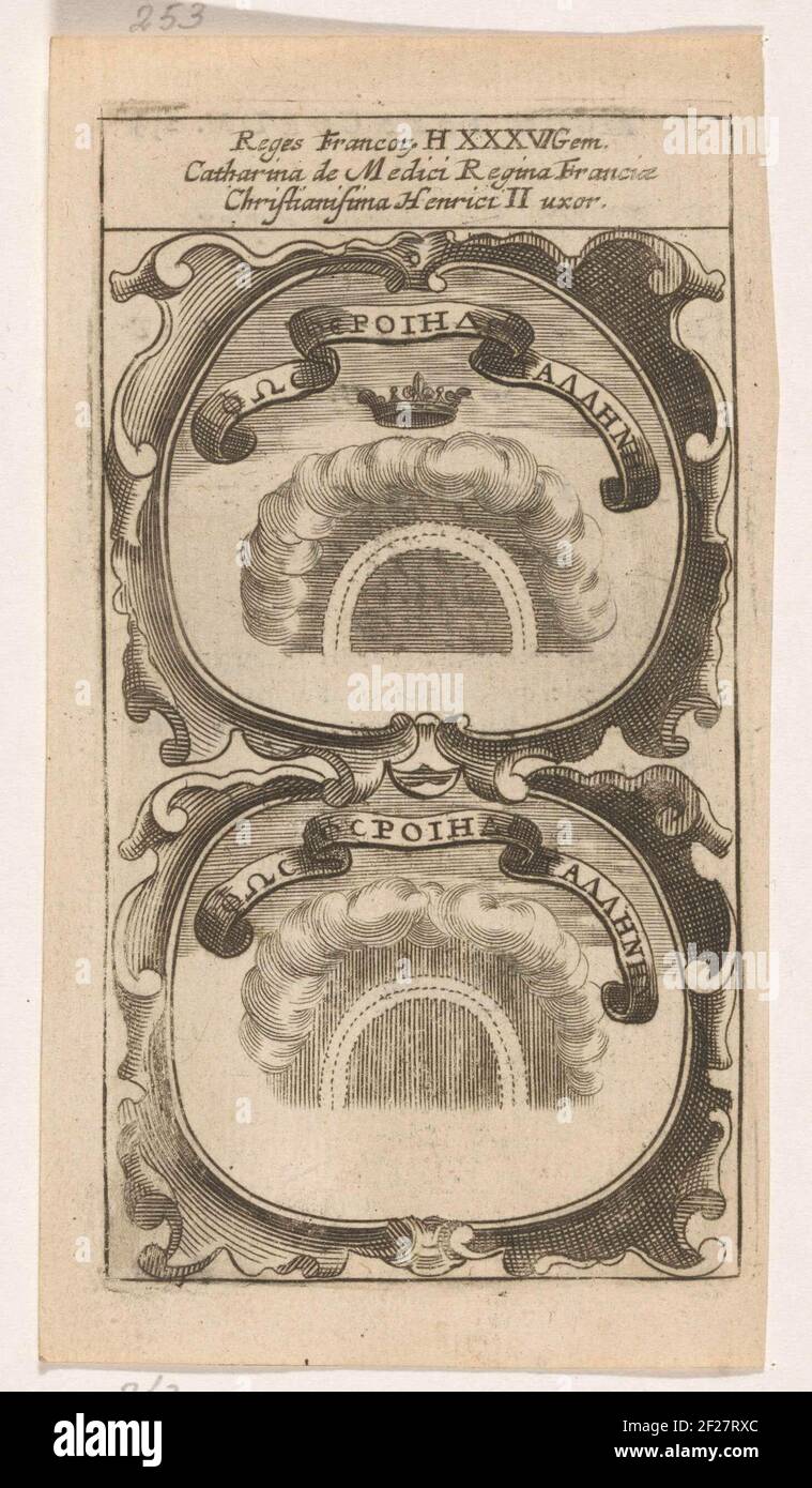 Regenboog in de wolken; φωσ φεροι ηγε γαληνην; Symbola Divina et Humana Pontificum Imperatorum Regum.ein Emblem mit zwei vergleichbaren Aufführungen: Ein Regenbogen in den Wolken. Upste mit Krone. Neben einem griechischen Motto. Die Erfindungen von Catharina de 'Medici. Stockfoto