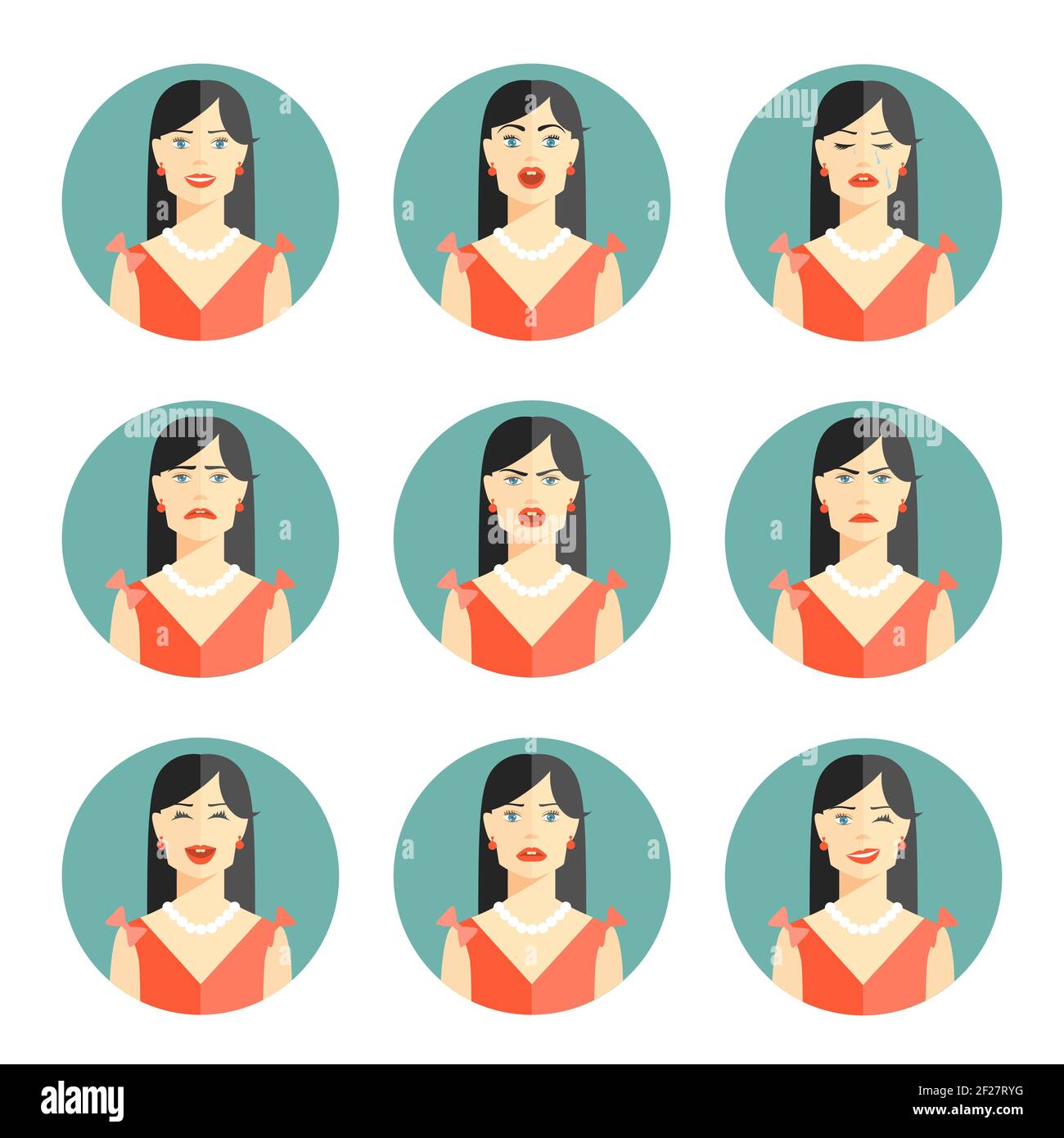 Set von neun verschiedenen Frauen Emotionen Darstellung Glück Freude Traurigkeit Sorge Wut Frustration Unglauben und Verwirrung in Kopf und Schulter Pose i Stock Vektor