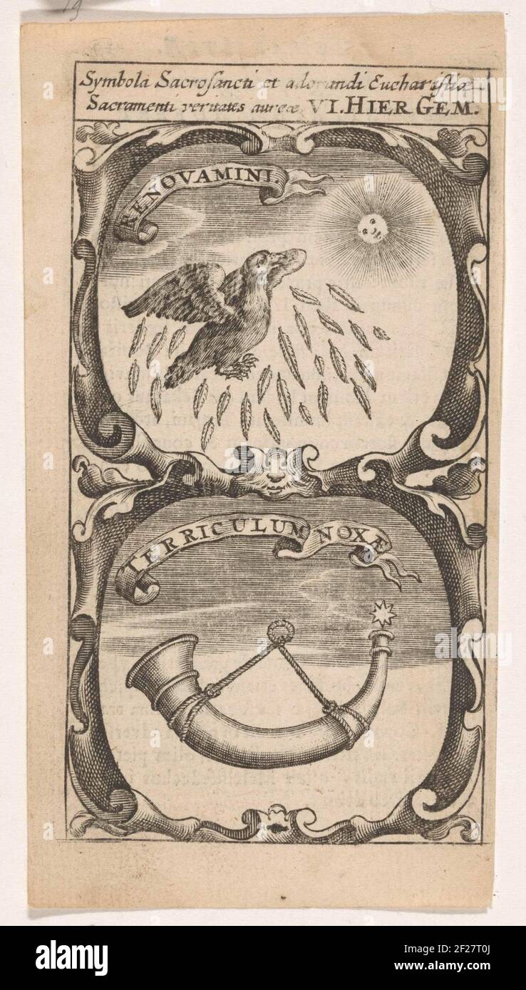 Vogel laat zijn veren vallen / Jachthoorn met ster; Renovamini / Terriculum noxae; Symbola Divina et Humana Pontificum Imperatorum Regum.ein Emblem mit zwei Aufführungen. Vor allem hinterlässt ein Vogel mit den Sonnenfedern. Dazu ein Jagdhorn mit einem Stern an der Düse. Stockfoto