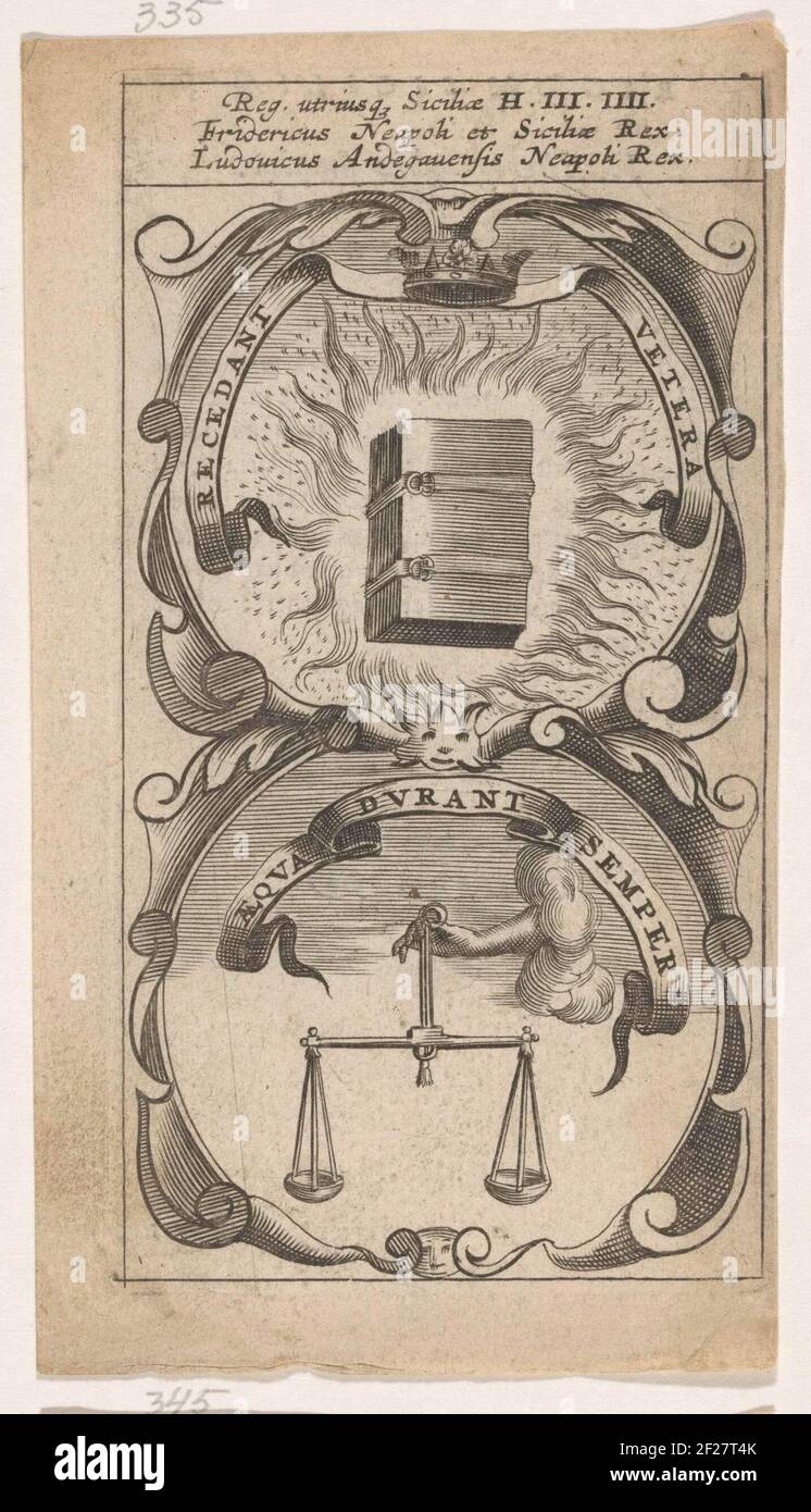Boek in vlammen / Hand in de wolken met weegschaal; Recedant Vetera / Aequa Durant Semper; Symbola Divina et Humana Pontificum Imperatorum Regum.ein Emblem mit zwei Aufführungen. Über einem Buch in Flammen. Unter der Hand mit einer Waage aus den Wolken. Die Erfindungen Frederiks und Ludwigs III. Von Neapel. Stockfoto