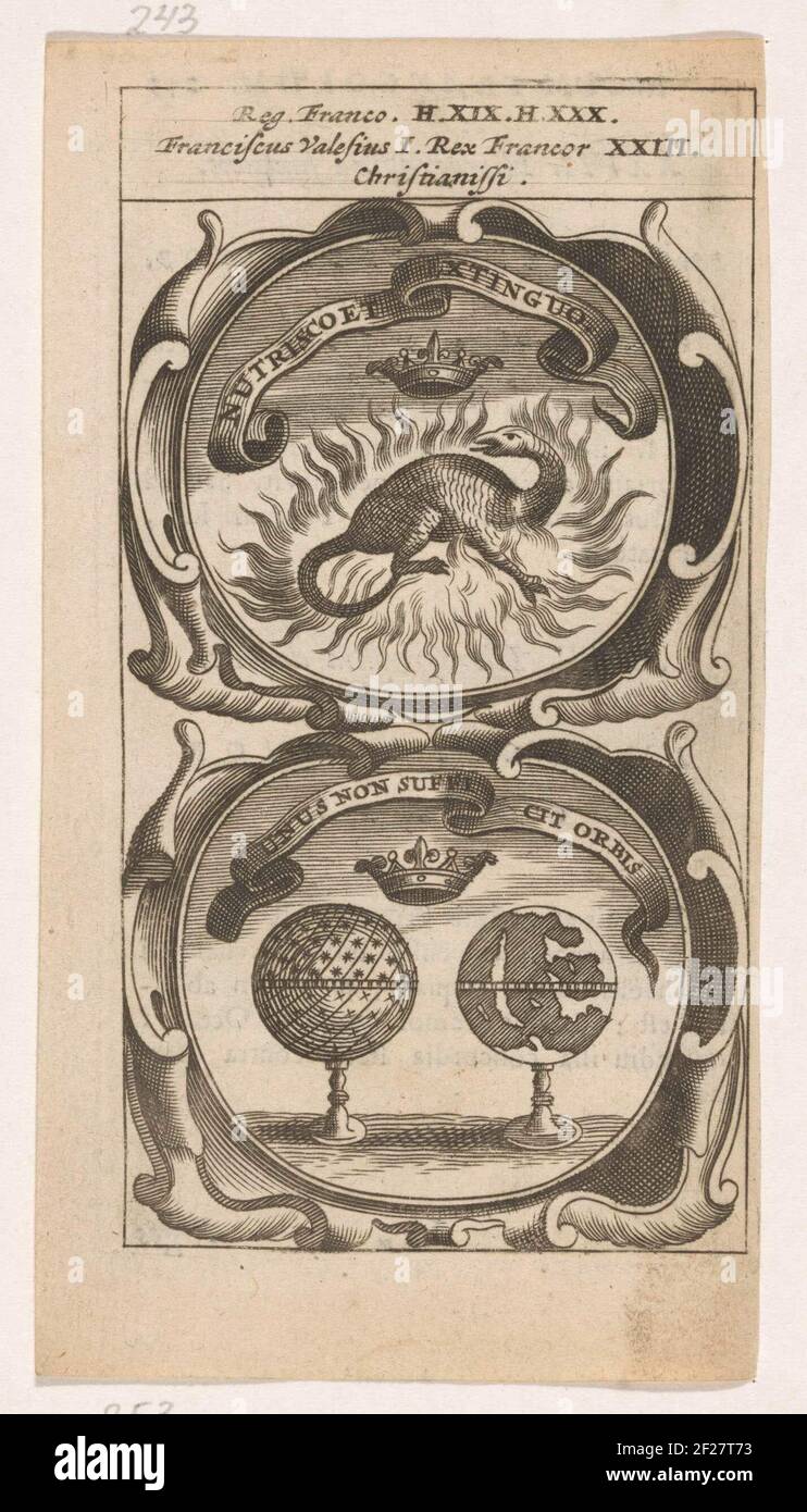Gekroonde vuurdraak / Hemel- en aardglobe met kroon; Nutrisco et Extinguo / unus Non Sufficit Orbis; Symbola Divina et Humana Pontificum Imperatorum Regum.ein Emblem mit zwei Aufführungen. Über einem Drachen im Feuer mit einer Krone oben. Unter einem Himmel und Erde Globus mit Krone. Die Sorge um die Fracht von Frans I. von Frankreich. Stockfoto