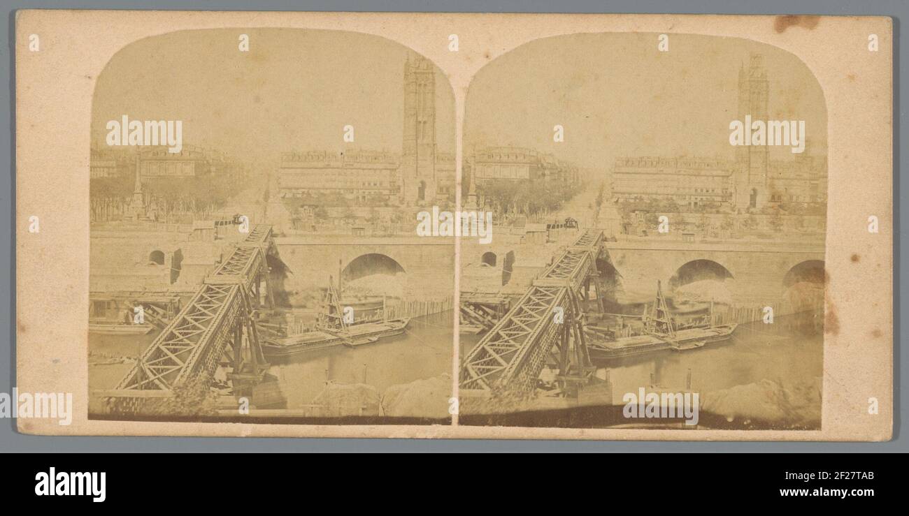 Blick auf den Wiederaufbau der Pont Au Change in Paris im Jahr 1858 .. Stockfoto