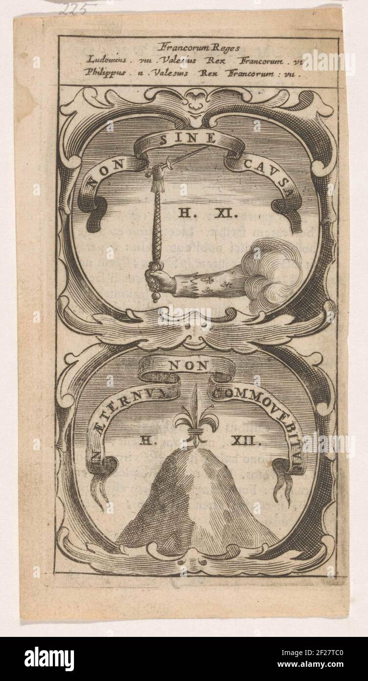 Koninklijke Arm met Zepter en zwaard / Franse lelie op een berg; Non Sine Causa / in Aeternum Non Commovebitur; Symbola Divina et Humana Pontificum Imperatorum Regum.ein Emblem mit zwei Aufführungen. Über einem Arm im Ärmel mit französischer Lilie gekleidet. Der königliche Arm hat ein Zepter. Das Zepter hat ein Schwert. Unter einem Berg, auf dem eine französische Lilie. Die Reinquitäten von König Ludwig II. Und Philipp II. Von Frankreich. Stockfoto