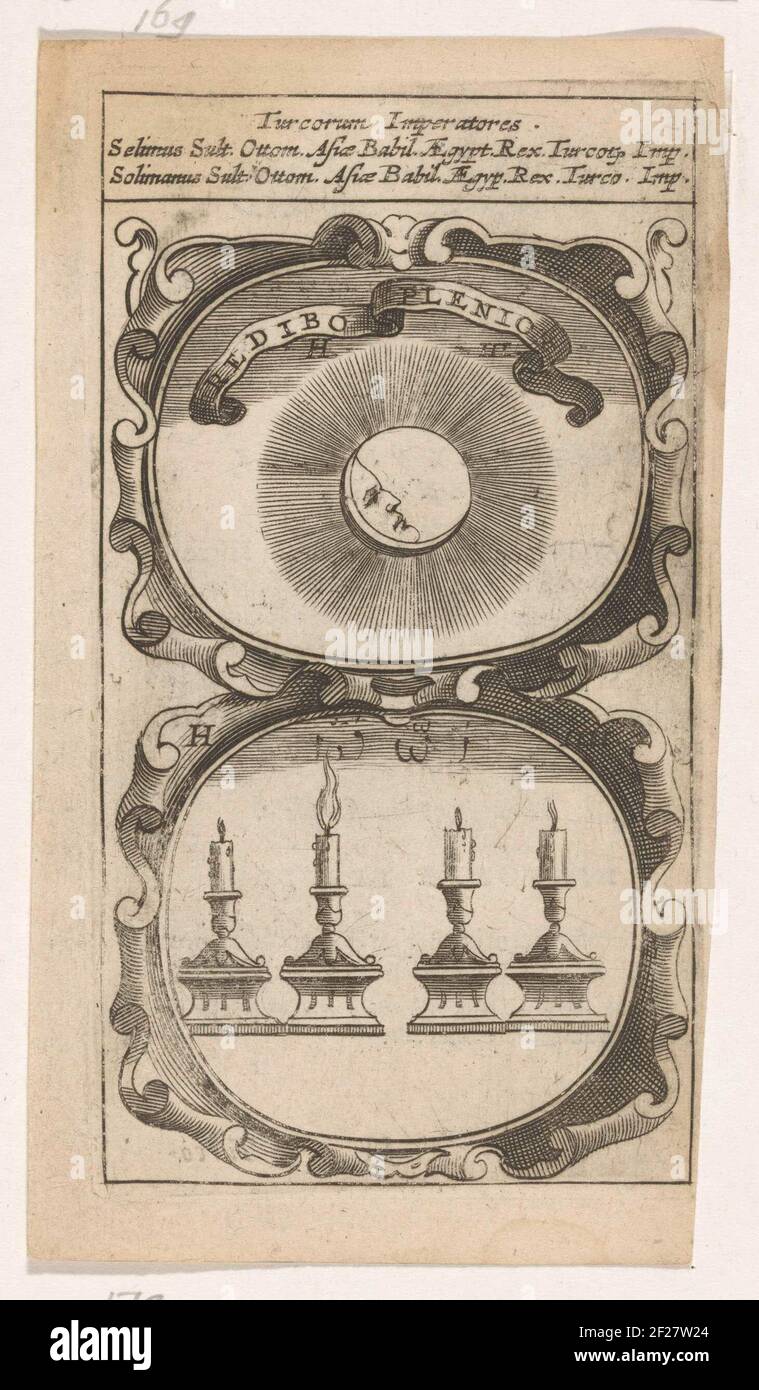Zon en maan / vier kaarsen; Redibo Plenior / Déus Dabit; Symbola Divina et Humana Pontificum Imperatorum Regum.ein Emblem mit zwei Aufführungen. Über einer Sonne mit Mond. Unter vier Kerzen. Das zweite Kerzenfeuer. Über einem türkischen Text: Déus Dabit. Die Erfindungen von Sultan Selim I und Suleiman I. Stockfoto