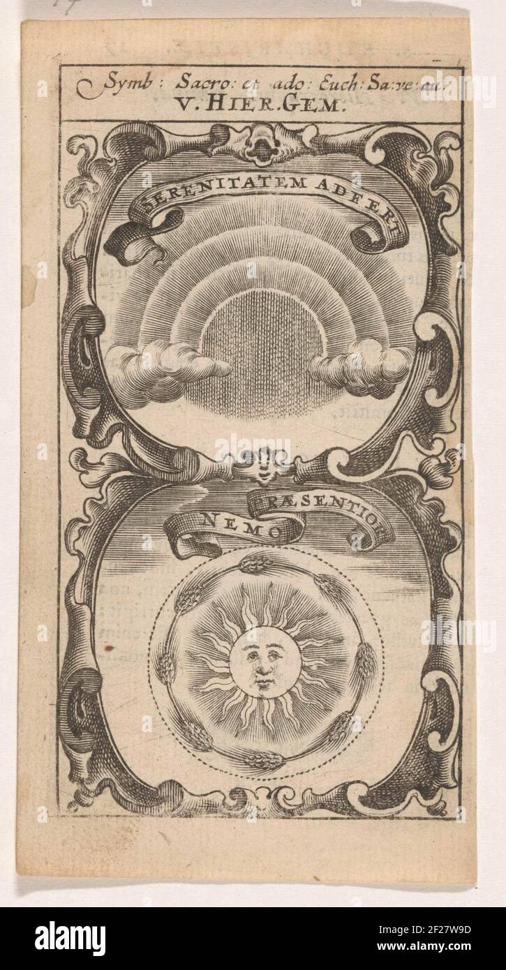 Regenboog / Zon omringt door korenaren; Serenitatem Adeert / Nemo Praesentior; Symbola Divina et Humana Pontificum Imperatorum Regum.ein Emblem mit zwei Aufführungen. Über einem Regenbogen in der Wolke. Byond dies eine Sonne in einem Kranz von Ecken. Stockfoto