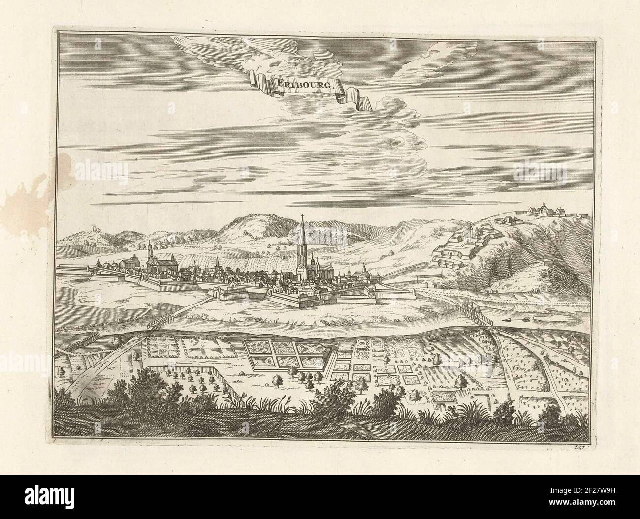 Gezicht op Friborg, ca. 1702; Friborg; die Kräfte von Europa, Asien, Afrika und Amerika, oder Beschreibung der wichtigsten Städte mit ihren Befestigungsanlagen. ENTWORFEN VON DEN BESTEN INGENIERS, vor allem unter der Herrschaft Frankreichs (...) und geschmückt mit mehreren herrlichen Gebäuden.Blick auf die Stadt Friborg. Tafel # 121 im Bild im Kontext von insgesamt 276 nummerierten Festungen im Kontext des Spanischen Erbfolgekrieges. Zum größten Teil wurden diese Platten Cophed to the Anonymous French Flat: In the Forces of Europe und in: The Theatre of war, The Netherlands, beide ursprünglich Publish Stockfoto