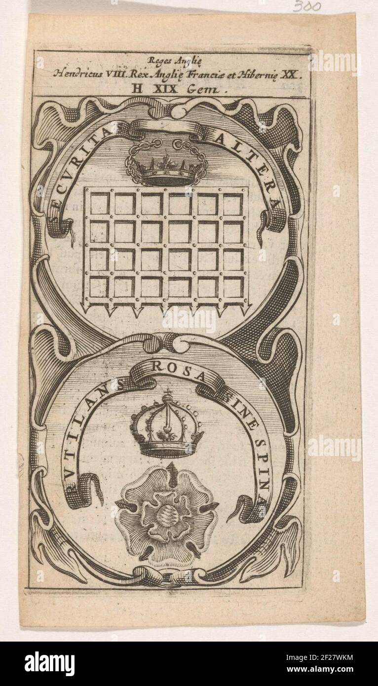 Gekroond valhek / Gekroonde roos; Securitas Altera / Rustilans Rosa Sine Spina; Symbola Divina et Humana Pontificum Imperatorum Regum.ein Emblem mit zwei Aufführungen. Über einem Valhek mit einer Krone. Byond dies eine Krone und eine Rose. Die Erfindungen von Hendrik VIII von England. Stockfoto