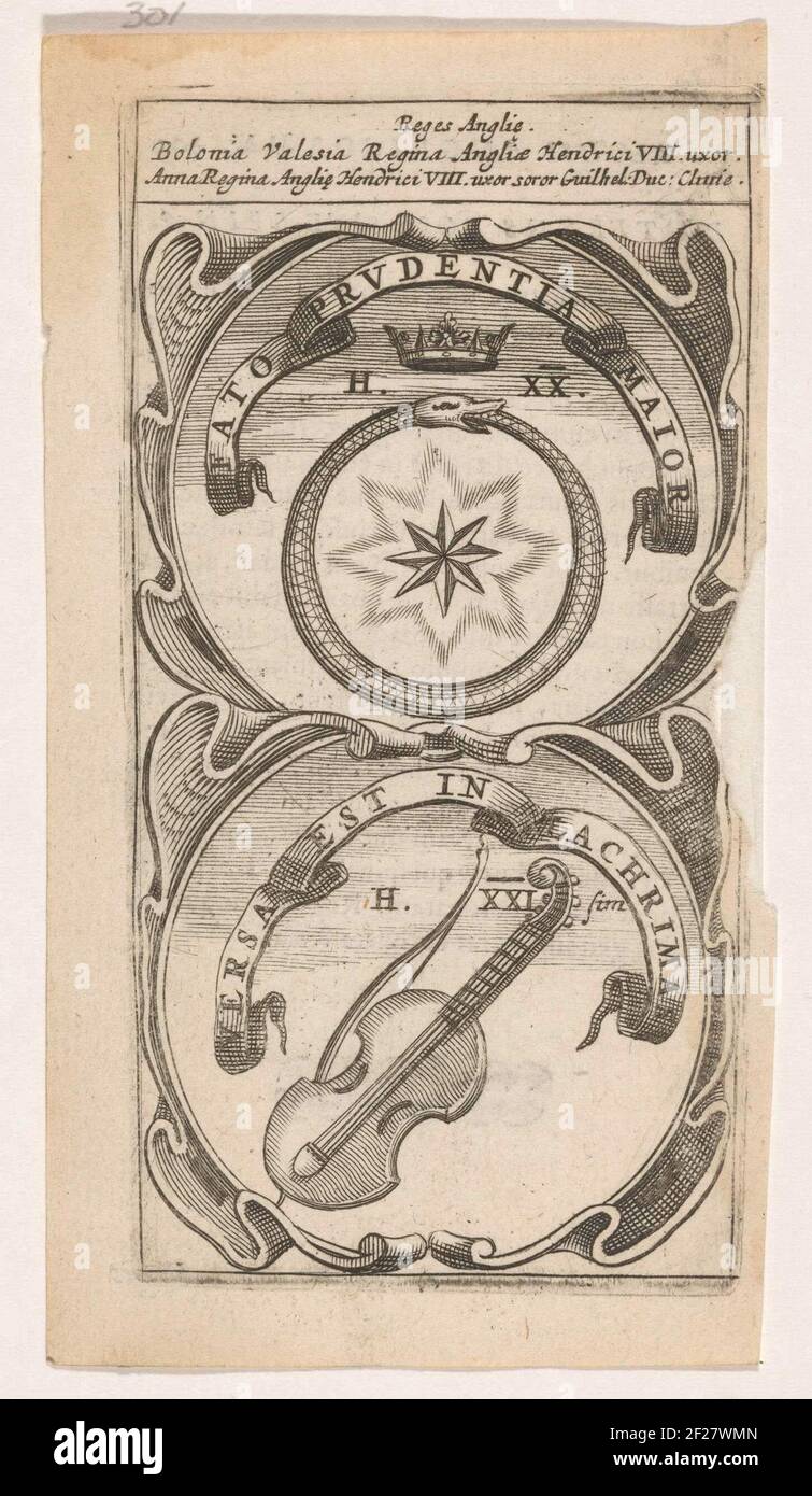 Gekroonde ouroboros met ster / Viool; Fato Prudentia Major / Versa Est in Lachrimas; Symbola Divina et Humana Pontificum Imperatorum Regum.ein Emblem mit zwei Aufführungen. Über einem gekrönten Urboros mit einem spitzen Stern in der Mitte. Unter einem Saiteninstrument. Die Erfindungen von Anna Boleyn und Anna van Kleef. Stockfoto