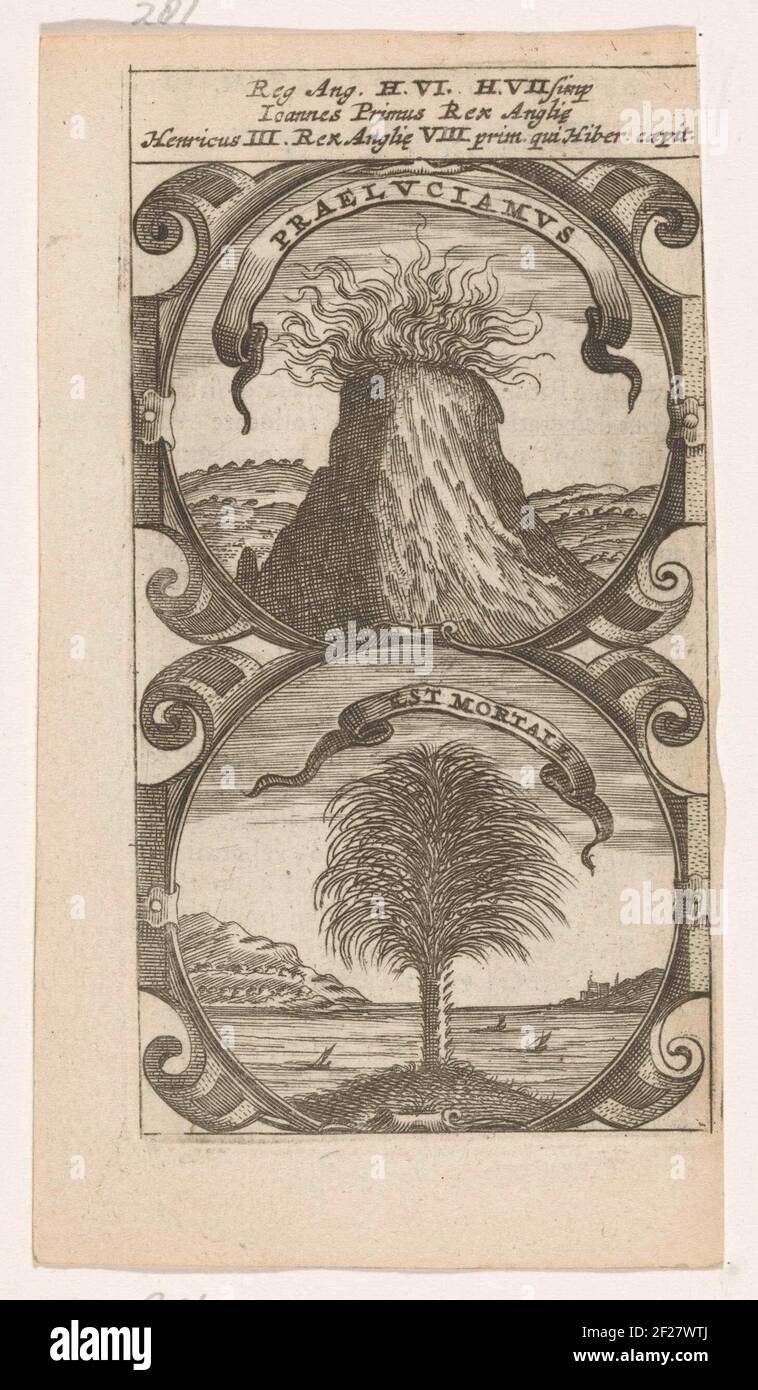Landschap met vulkaan / Palmboom aan het Water; Praeluciamus / Est Mortale; Symbola Divina et Humana Pontificum Imperatorum Regum.ein Emblem mit zwei Aufführungen. Über einem Lava spuckenden Vulkan. Unter einer Flusslandschaft mit einer Palme. Die Rechnungen von Jan ohne Land und Hendrik III von England. Stockfoto