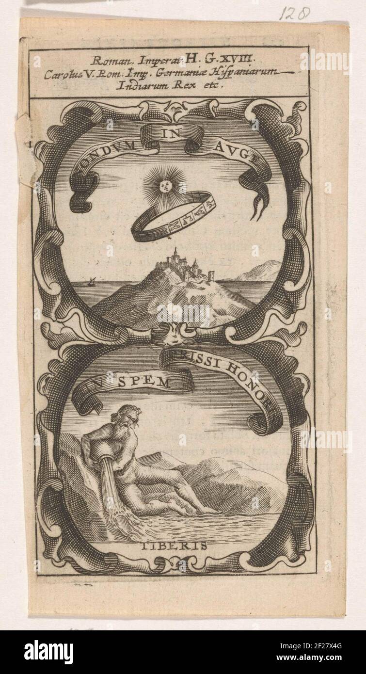 Zon boven een dierenriem / Riviergod Tiber; Nondum in Auge / in Spem Prissi Honores; Symbola Divina et Humana Pontificum Imperatorum Regum.ein Emblem mit zwei Aufführungen. Über einer Berglandschaft mit einer Sonne über einem Tierkreis. Unter dem Fluss gott tiber. Die Sorge von Karel V. Stockfoto
