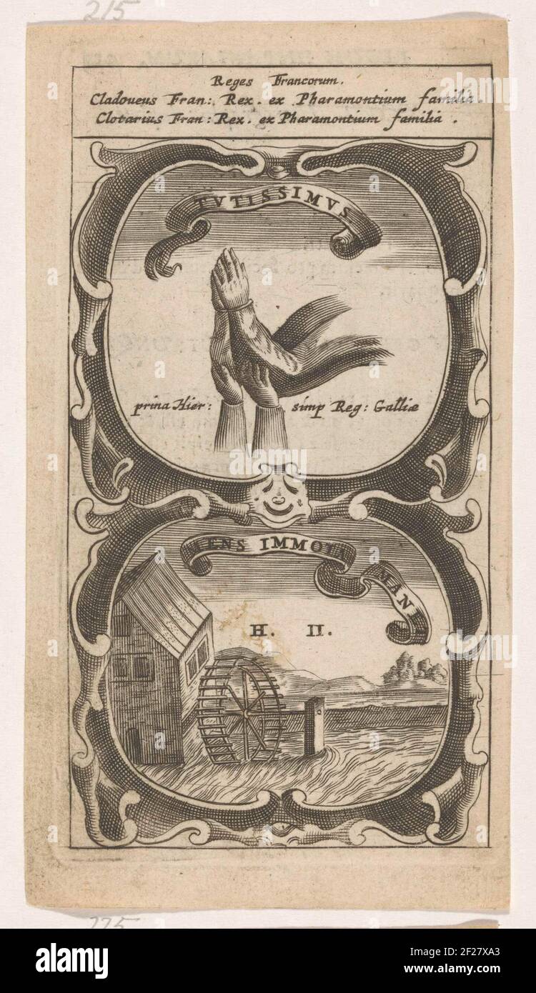 Gevouwen halten / Watermolen; Tutissimus / Mens Immota Manet; Symbola Divina et Humana Pontificum Imperatorum Regum.ein Emblem mit zwei Aufführungen. Oben gefaltete Hände, unterstützt von zwei Händen. Unter einer Landschaft mit einer Wassermühle. Die Sorge von Cloovis I und Chlotarius I. Stockfoto