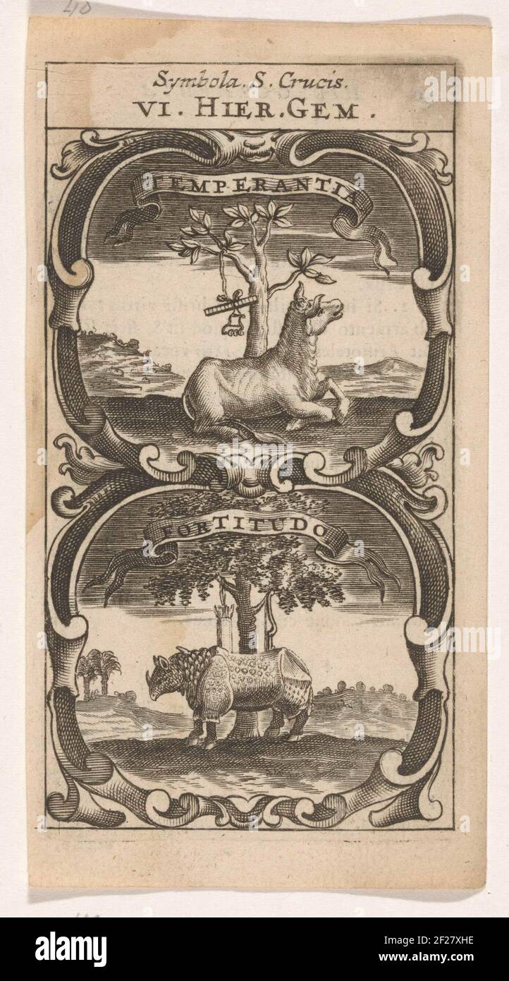 Liggende os / Neushoorn; Temperantia / Fortitudo; Symbola Divina et Humana Pontificum Imperatorum Regum.ein Emblem mit zwei Aufführungen. Über einer liegenden Kuh oder os. Im Baum dahinter hängt es unter anderem ab. Unter einem Nashorn vor einem Baum, in dem ein Handbogen und eine Pfeilhülse hängen. Stockfoto