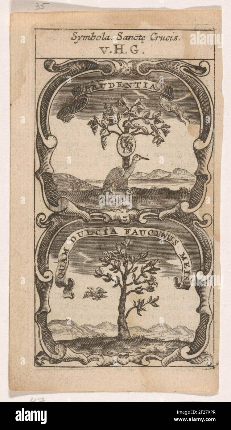 Kraanvogel bij een wijnstok / Boom met vogels; Prudentia / Quam Dulcia Faucibus Meis; Symbola Divina et Humana Pontificum Imperatorum Regum.ein Emblem mit zwei Aufführungen. Über einem Kran mit einem Stein in seinem Bein vor einem Weinstock. Zusätzlich zu einem Medaillon mit Januskop. Unter einem von Vögeln bevölkerten Baum. Stockfoto