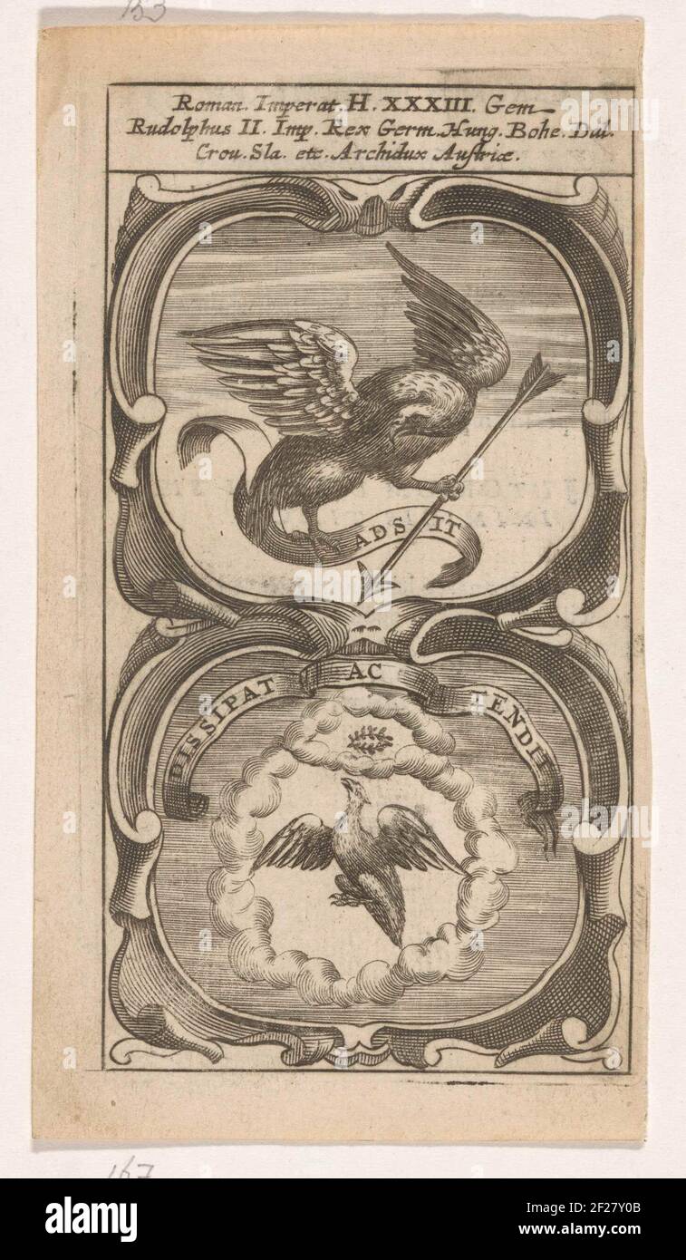 Adler mit einem Pfeil auf einem Banderol / Adelaar und Lauwerkrans; Adsit / Dissipat AC Tendit; Symbola Divina et Humana Pontificum imperatorum regum.ein Emblem mit zwei Aufführungen. OBEN EIN ADLER MIT EINEM PFEIL AUF EINEM BANDLEOLE. Unter EINEM Adler fliegt in den Wolken in einen Laurel-Kranz. Die Erfindungen von Kaiser Rudolf II.. Stockfoto