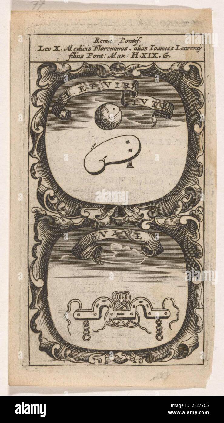 Balspel / Instrument; VI et Virtute / Suave; Symbola Divina et Humana Pontificum Imperatorum Regum.ein Emblem mit zwei Aufführungen. Oben wie möglich ein Ballspiel bestehend aus einem Ball und Blatt. Unter einem nicht identifizierten Gerät. Die Erfindungen von Papst Leo X. Stockfoto