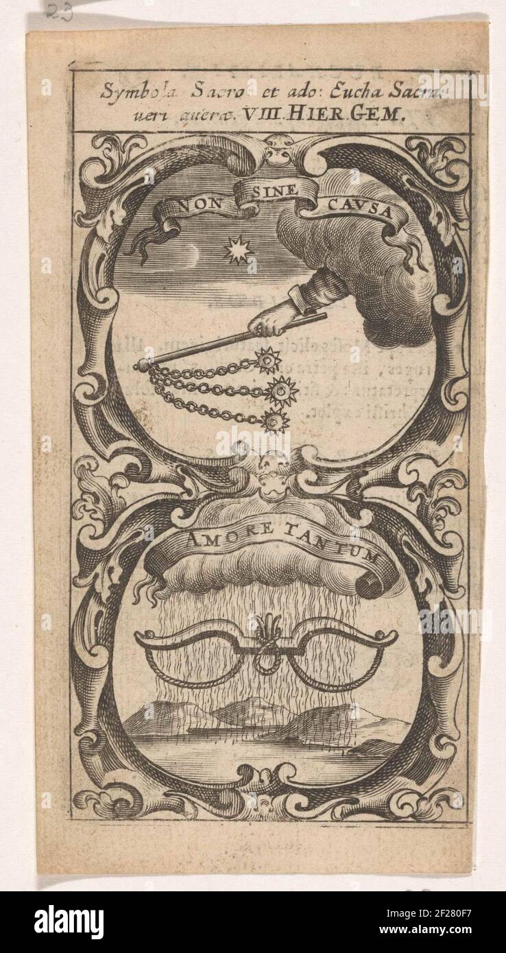 Hand met strijdvlegel / Regenwolk met Juk; Non Sine Causa / Amore Tantum; Symbola Divina et Humana Pontificum Imperatorum Regum.ein Emblem mit zwei Aufführungen. Oben hat eine Hand in den Wolken eine Kampelblume. Zusätzlich zu einem Stern. Darunter ein Joch mit gefesselten Seilen unter einer Regenwolke. Stockfoto