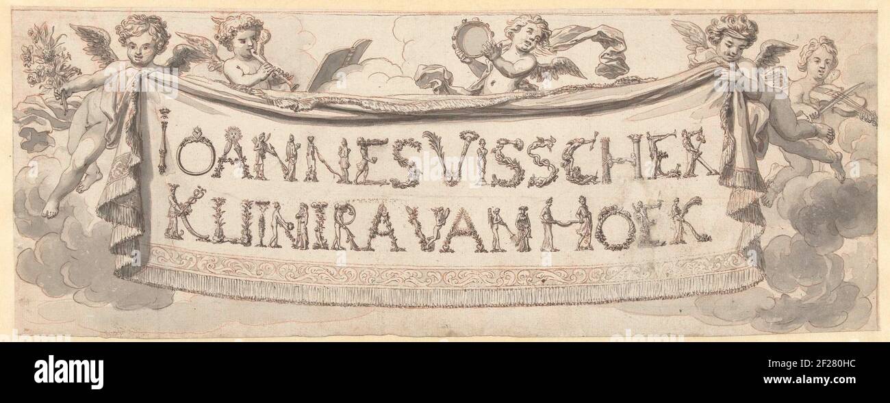 Putti mit einem Banner mit den Namen von Joannes Visscher und Kuinira van Hoek .. Stockfoto