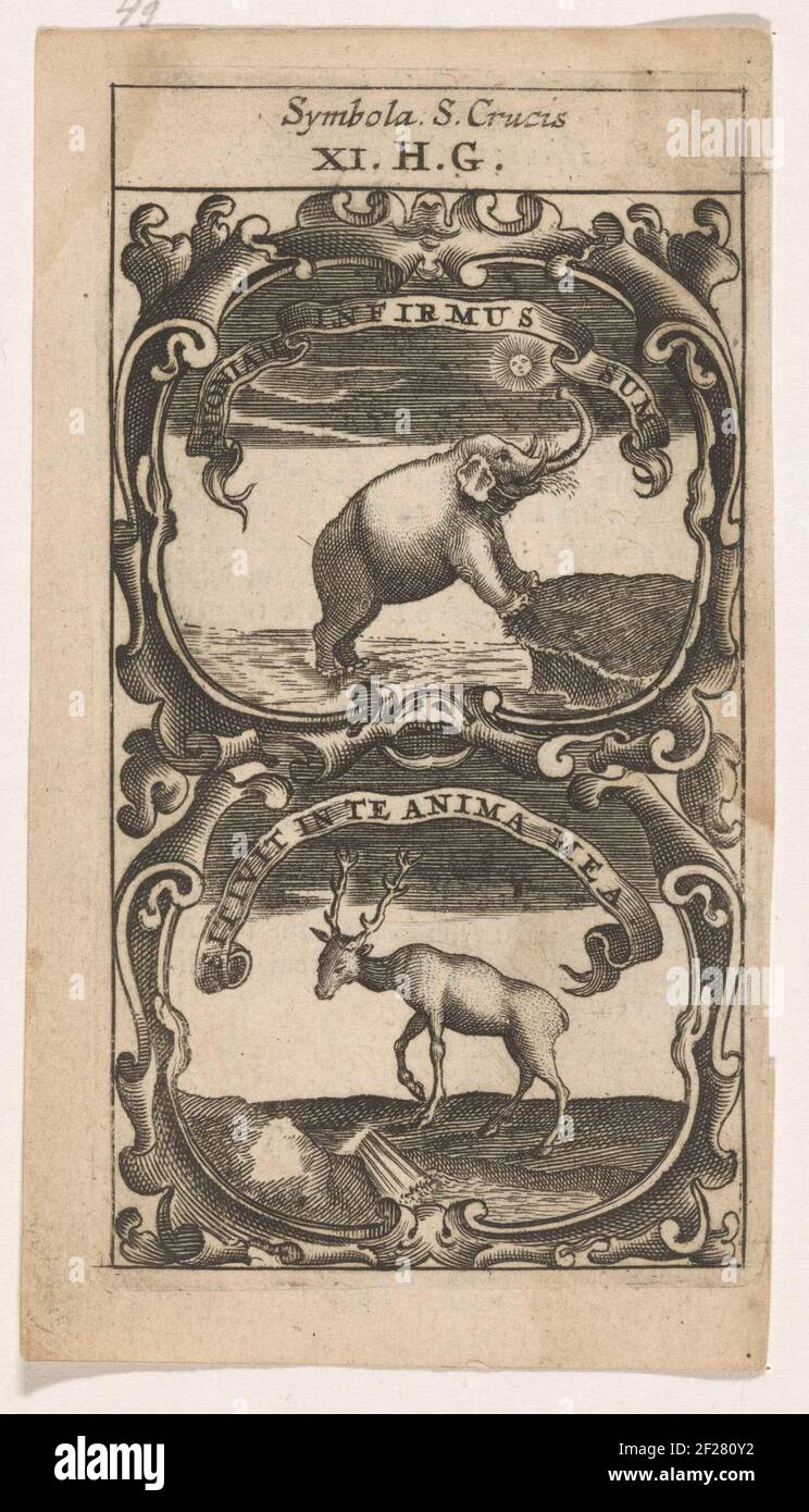Olifant in het water / Hert bij een Waterstroom; Quoniam Infirmus sum / Sitivit in Te Anima Mea; Symbola Divina et Humana Pontificum Imperatorum Regum.ein Emblem mit zwei Aufführungen. Über einem Elefanten im Wasser. Er steht ein Stück Land mit seinen Vorderbeinen. Über ihm die Sonne. Unter einem Hirsch an einem Bach. Stockfoto