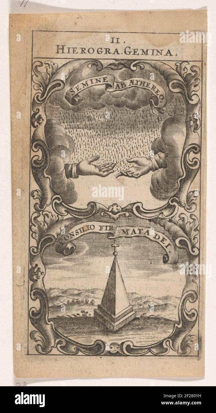 Twee handen vangen de regen / Heilige piramide; Seminare ab Aethereo / Consilio Firmata Dei; Symbola Divina et Humana Pontificum Imperatorum Regum.ein Emblem mit zwei Aufführungen. Über zwei Händen in den Wolken fangen den Regen. Unterhalb einer Landschaft mit einer Pyramide. Ein Kreuz auf der Pyramide. Stockfoto