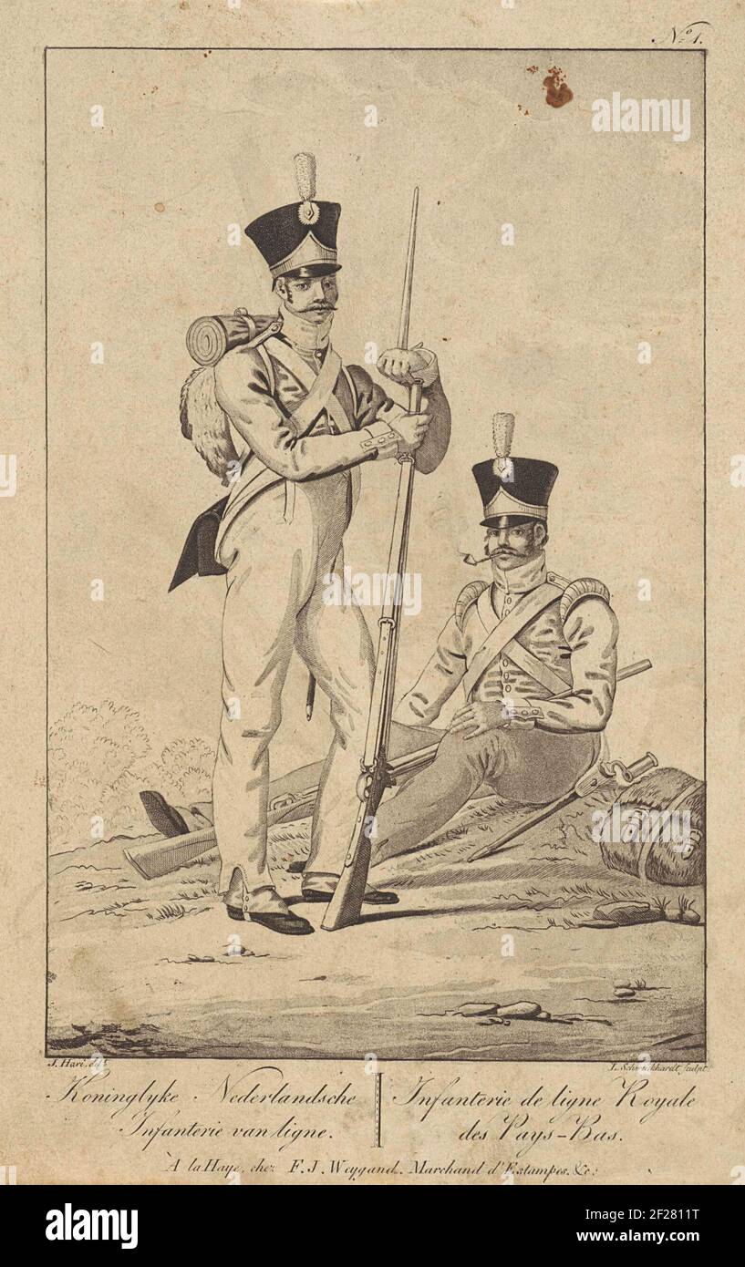 Landschaft mit zwei holländischen Soldaten; Koninglyke Niederländische Infanterie Ligne / Infanterie De Ligne Royale des Pays-Bas; holländische Soldaten in Uniform. Landschaft mit zwei Soldaten. Sie tragen die Infanterieuniform. A von ihnen sitzt auf dem Boden, mit einer Pfeife im Mund. Oben rechts nummeriert: N. 1. Stockfoto
