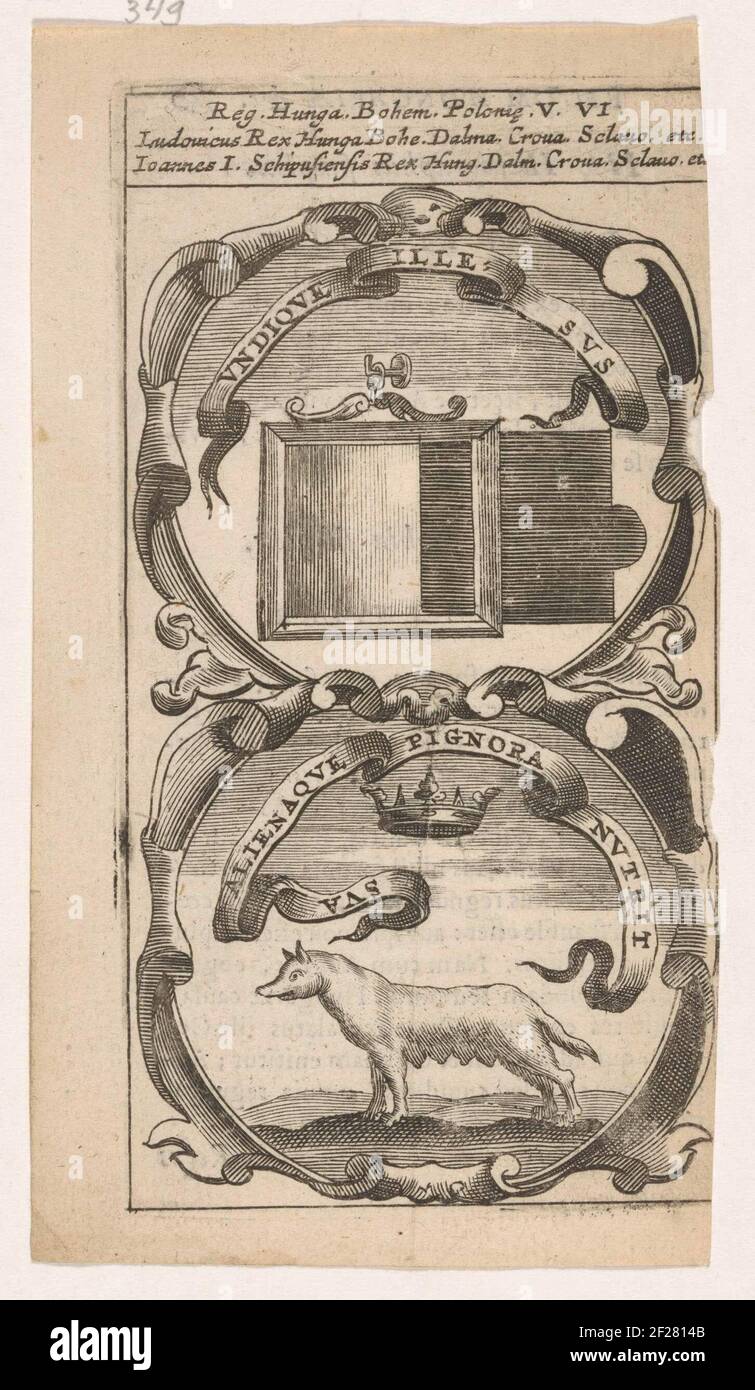 Glazen lijst / Wolvin en kroon; Undique Illesus / Sua Alienaque Pignora nutrit; Symbola Divina et Humana Pontificum Imperatorum Regum.ein Emblem mit zwei Aufführungen. Oben eine Glasliste (Malerei) auf einem Haken. Unter einer Wollflosse und einer Krone. Die Erfindungen von Ludwig II. Von Ungarn und Johan Zápolya. Stockfoto