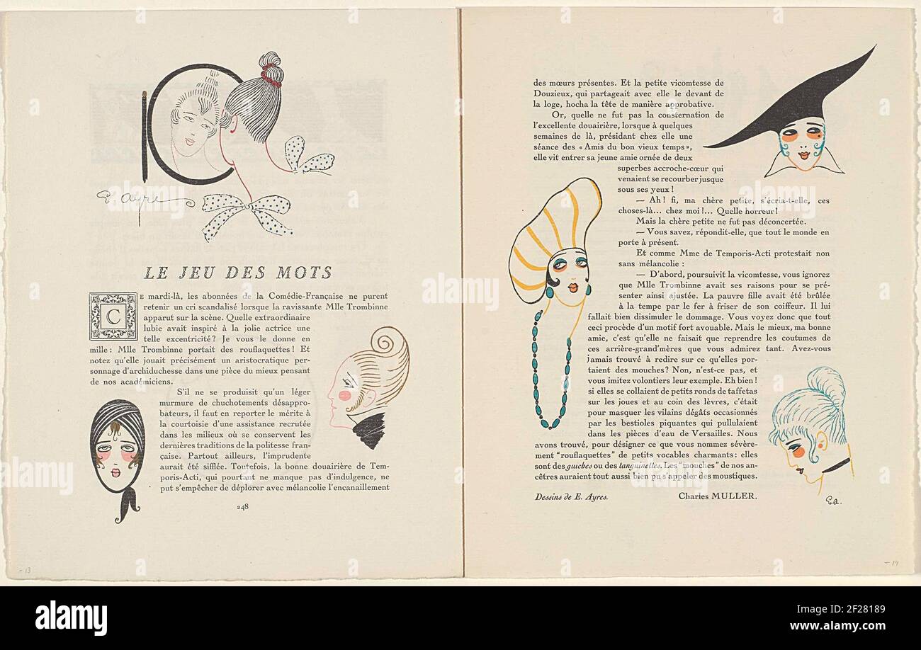 Gazette of the Good Tone, 1914 - Nr. 7, S. 249: Das Wortspiel.Text von Charles Muller mit Illustrationen von Frauenhairstyles und Hüten. PAG. 249 aus Gazette des guten Tons 1914, Nr. 7. Stockfoto