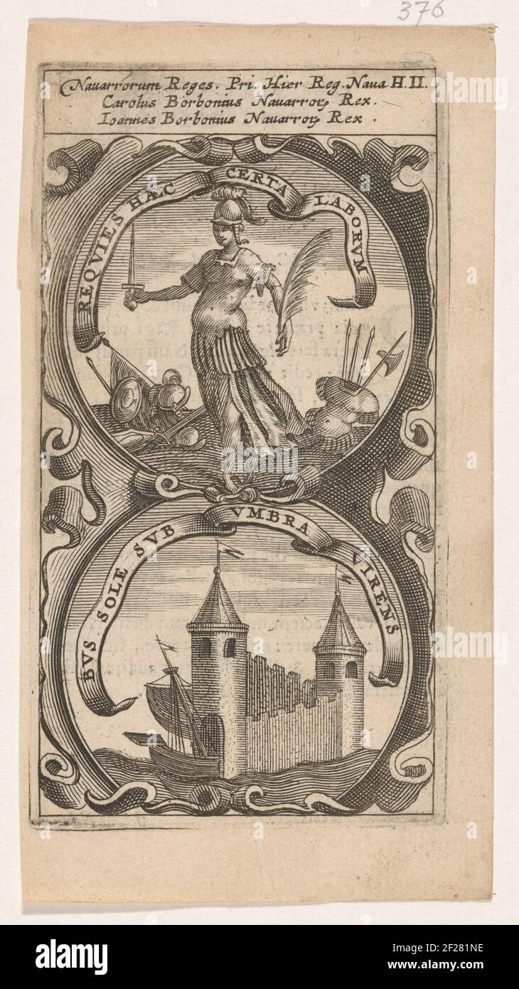 Minerva met palmtak / Schip vaart een kasteelpoort binnen; Requies Haec Certa Laborum / Sub Sole Sub Umbra virens; Symbola Divina et Humana Pontificum Imperatorum Regum.ein Emblem mit zwei Aufführungen. Im Obergeschoss minerva mit Palmzweig zwischen Waffe. Unter dem Schiff durch das Tor eine Burg im Inneren. Es kann sich um den Devisenwechsel von Karel und Jean i de Bourbon beziehen. Stockfoto Minerva met palmtak / Schip vaart een kasteelpoort binnen; Requies Haec Certa Laborum / Sub Sole Sub Umbra virens; Symbola Divina et Humana Pontificum Imperatorum Regum.ein Emblem mit zwei Aufführungen. Im Obergeschoss minerva mit Palmzweig zwischen Waffe. Unter dem Schiff durch das Tor eine Burg im Inneren. Es kann sich um den Devisenwechsel von Karel und Jean i de Bourbon beziehen. Stockfoto