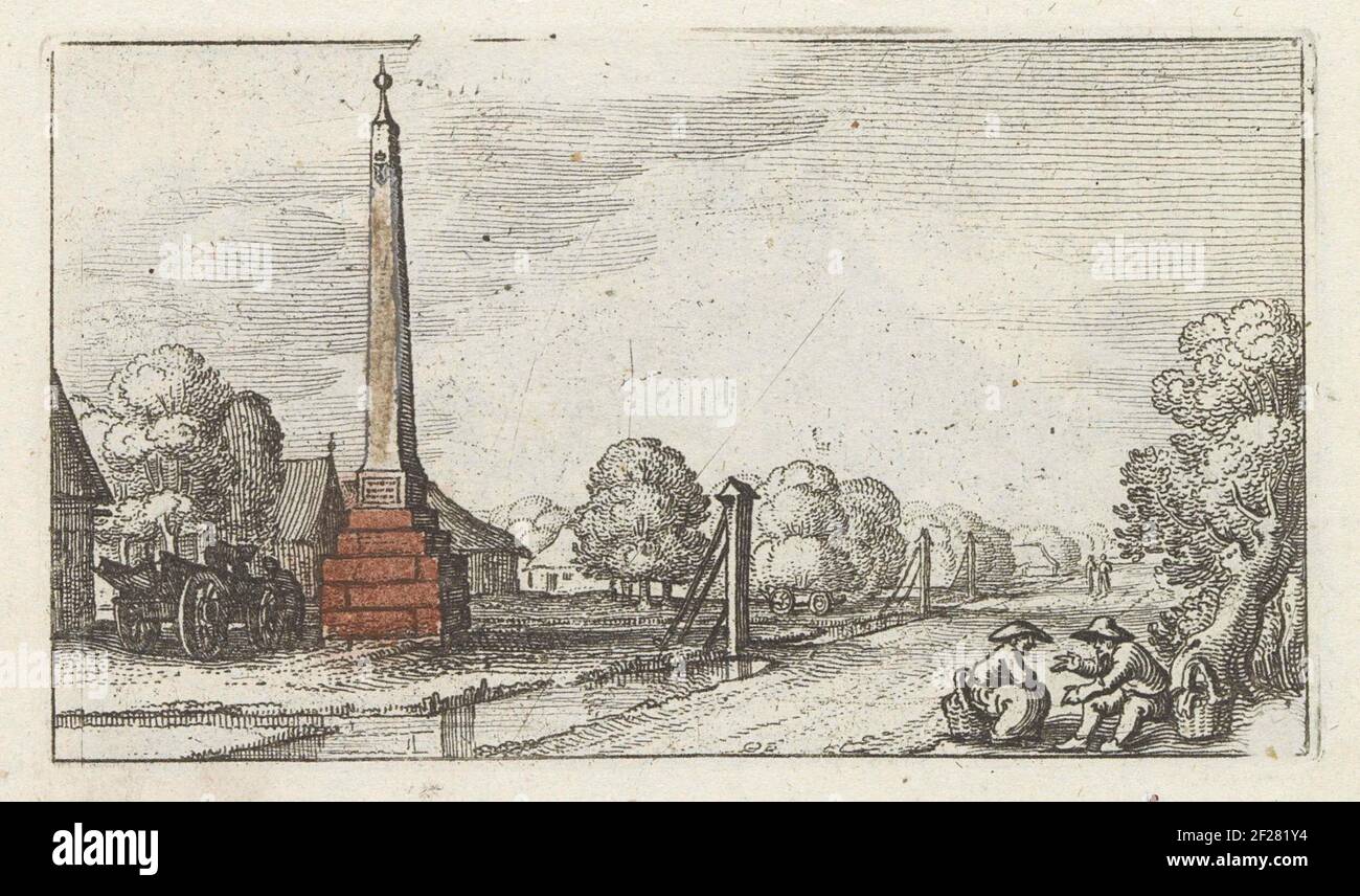 Mijlpaal bij Sloten; kleine landschappen in de omgeving van Amsterdam; Spiegel der natuur en School der teekenkunde (...).Lock the face of the Milestone. Neben dem Meilenstein ein Bauernwagen und einige niedrige Häuser. Rechts am Straßenrand sind zwei Figuren zu sehen. Der Druck ist Teil eines Albums. Stockfoto