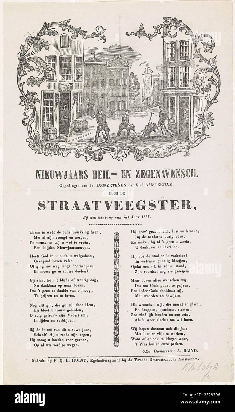 Neujahrswunsch der Amsterdamer Nachtuhr für das Jahr 1879; die Nachtuhr.  Neujahrswünsche der Amsterdamer Nachtuhr (Rattelwacht) für das Jahr 1879.  Zentral ein Gedicht, oben auf der Ansicht des Westerdok-Widerstands vom  Oosterspur der Hollandschijzer