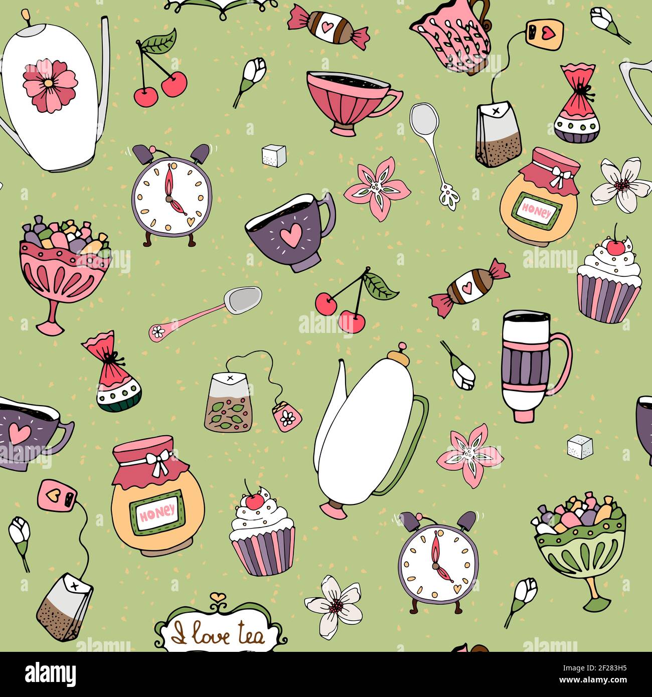 Handgezeichnete nahtlose Hintergrund Vektor-Muster mit Teetassen Teekannen Süßigkeiten Cupcakes Honig und Blumen auf grünem Hintergrund im quadratischen Format Für wa Stock Vektor