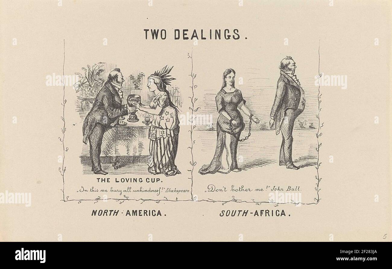 Hoe verschillend Groot-Brittannië Amerika en Zuid-Afrika behandelt, 1877; Two Dealings. Nordamerika. Südafrika; Annexion des Transvaal / durch einen Afrikaner.Links John Bull übergibt den Vereinigten Staaten eine reiche Entschädigung; rechts John Bull ignoriert die verkettete Transval. Teil der Serie von elf Cartrents über die britische Annexion von Transvaal im Jahr 1877. Stockfoto