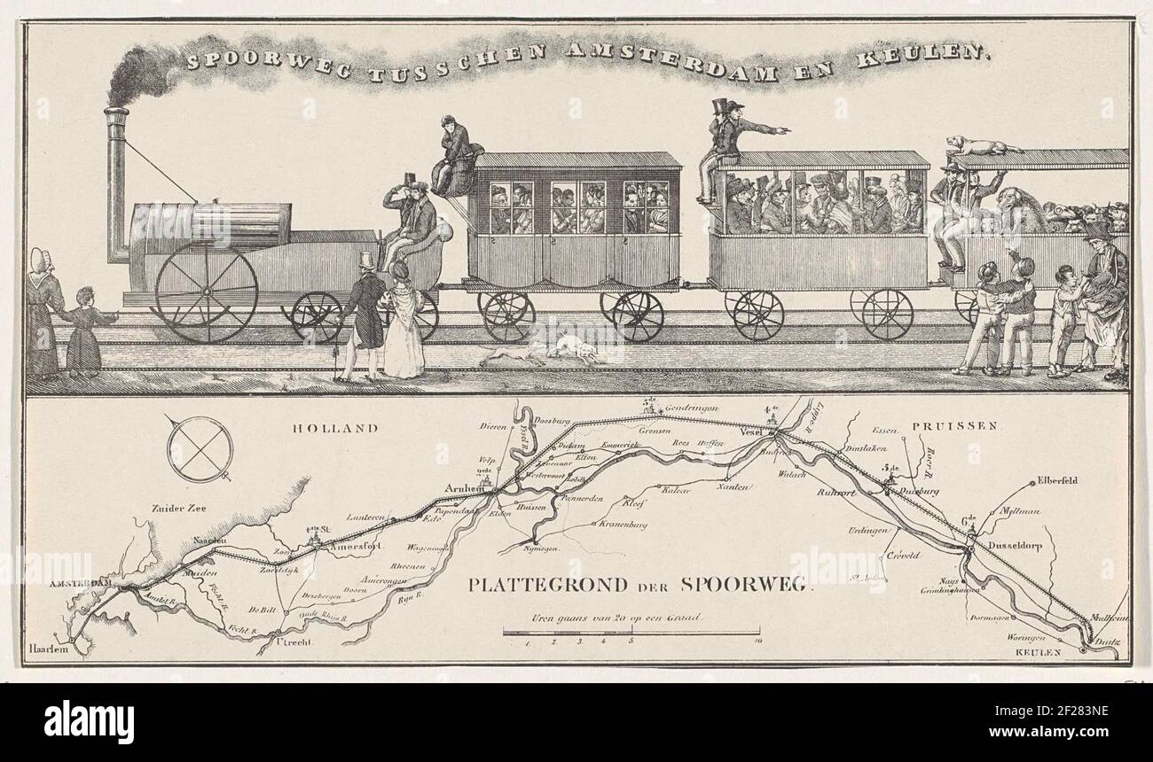 Plan voor een spoorweg tussen Amsterdam en Keulen, 1834; Spoorweg tuschen Amsterdam en Keulen.Plan für den Bau einer Eisenbahn zwischen Amsterdam und Köln durch Oberstleutnant William Archibald Bake (mit A. Willink und D. Borski), 21. August 1834. Oben ein Bild einer primitiven Dampflokomotive mit zwei Personenwagen und einem Viehwagen. Unten haben Sie eine Fahrkarte vom Verlauf der geplanten Bahnstrecke. Diese Kopie ohne die entsprechenden Texte. Stockfoto