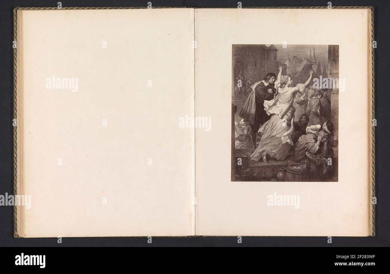 Fotoproduktion eines Drucks einer Szene aus Egmont, die Crachchen, die die Bewohner von Brüssel ermutigt .. Stockfoto