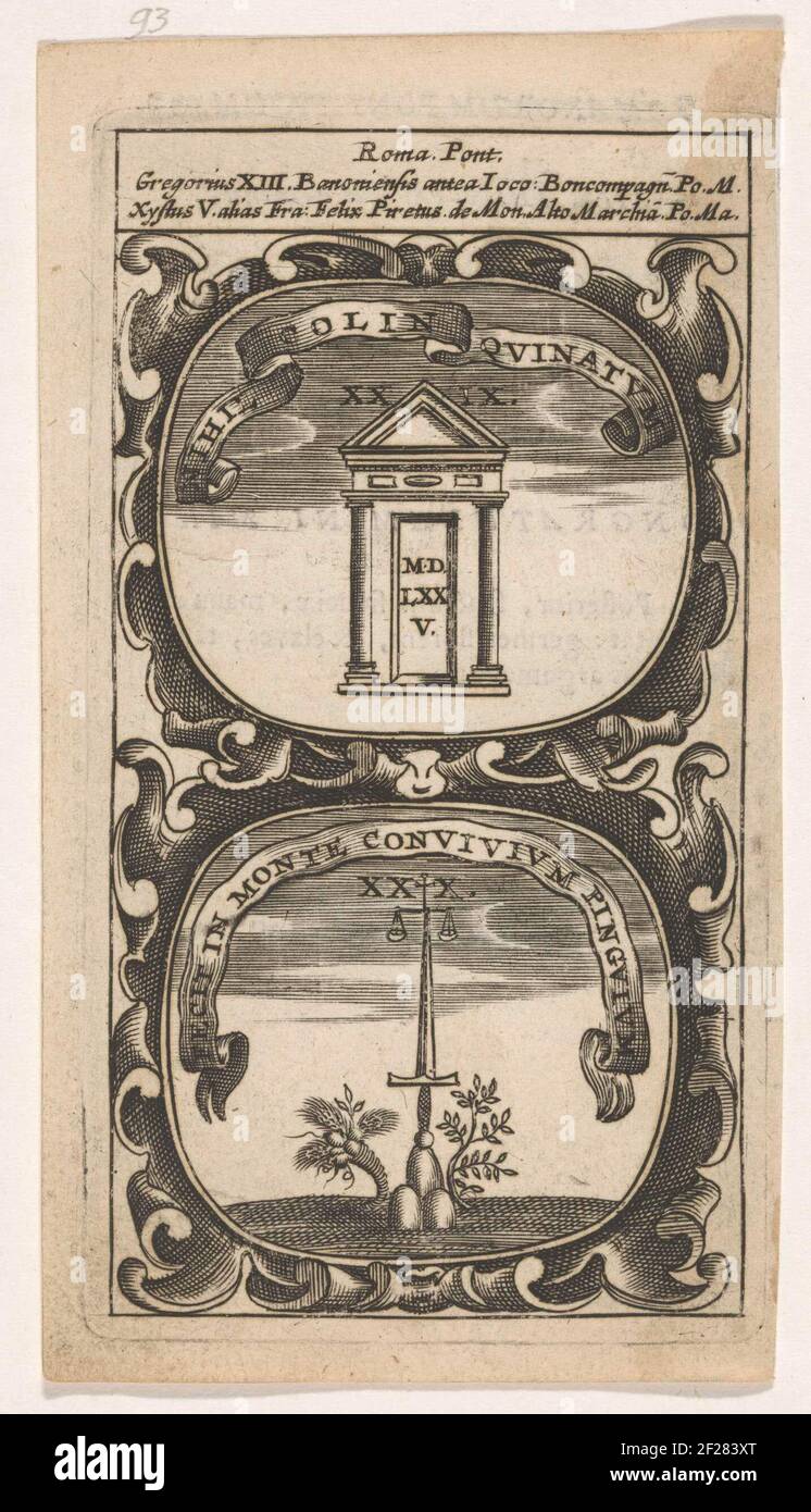 Portaal / Zwaard met weegschaal; Nihil Colin Quinatum / Fecit in Monte Convivium Pinguium; Symbola Divina et Humana Pontificum Imperatorum Regum.ein Emblem mit zwei Aufführungen. Über einem Portal. Unten ist ein Schwert mit seinem Griff direkt auf einem Stein. An der Spitze des Schwertes eine Waage. Die Erfindungen von Papst Gregor XIII.. Stockfoto