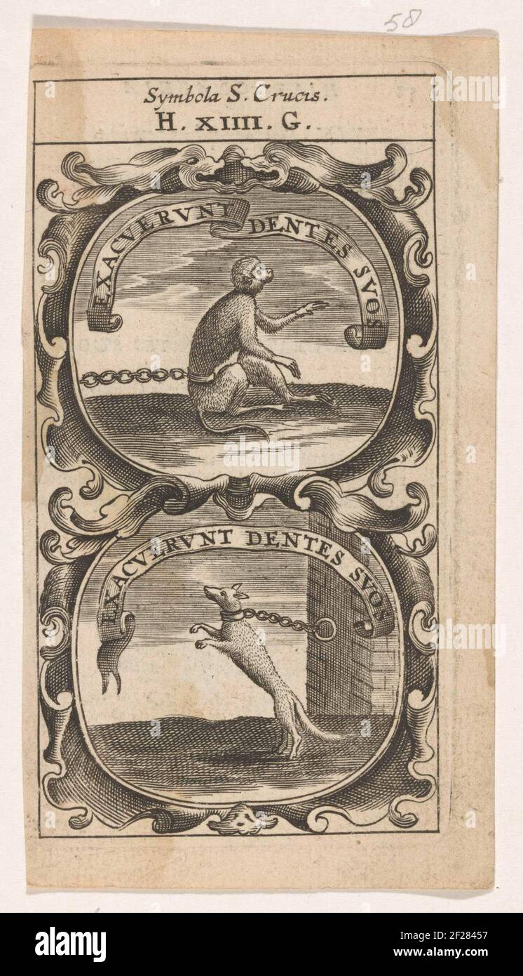 Geketende AAP / Geketende You; geschärfte Zähne / geschärfte Zähne; römischer Papst des Menschen und des göttlichen Symbols Regum.ein Emblem mit zwei Aufführungen. Über einem verketteten Affen. Unter dem Fuchs an die Wand gekettet. Stockfoto