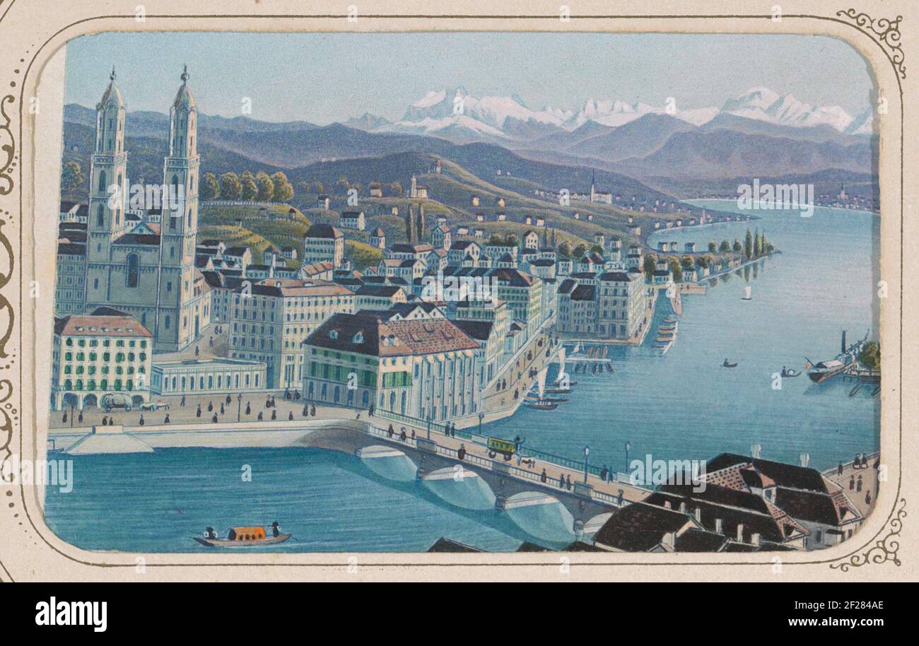 Blick auf die Stadt Zürich mit Kirchen und einer Brücke im Vordergrund; Zürich.Teil oder Fotoalbum mit 36 Aufnahmen oder europäischen Ländern. Stockfoto
