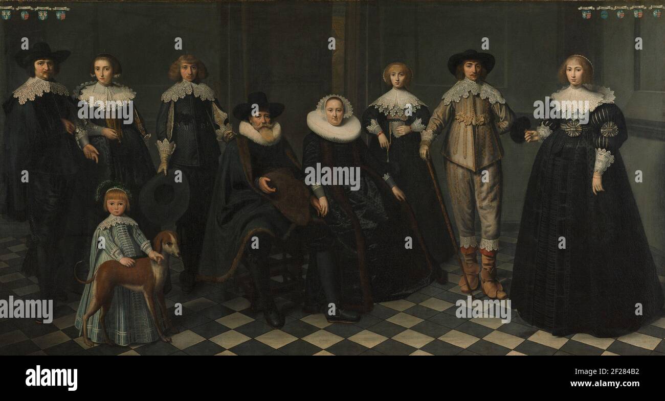 Porträt der Familie von Dirck Bas Jacobsz, Burgomaster von Amsterdam.Familienportrait der Familie von Dirck Bas Jacobsz, Bürgermeister von Amsterdam. In der Mitte steht Dirck Bas Jacobsz (1569-1637) mit seiner zweiten Frau Margriet Snoeck (1588-1645). Die Kinder werden für die Füße vorgestellt von vorgeschlagen (von links nach rechts): Machteld Bas (gest. 1681) mit ihrem Mann Abraham de Visscher (1605-1667) und ihrem Sohn mit Hund, Jacob Bas Dircksz (1609-1656), Agatha Bas (1611-1658), Claes Bas (1616-1635) und Lysbeth Bas (1619-1680). Rechts und oben links sind die Familienwaffen mit Namen. Stockfoto Porträt der Familie von Dirck Bas Jacobsz, Burgomaster von Amsterdam.Familienportrait der Familie von Dirck Bas Jacobsz, Bürgermeister von Amsterdam. In der Mitte steht Dirck Bas Jacobsz (1569-1637) mit seiner zweiten Frau Margriet Snoeck (1588-1645). Die Kinder werden für die Füße vorgestellt von vorgeschlagen (von links nach rechts): Machteld Bas (gest. 1681) mit ihrem Mann Abraham de Visscher (1605-1667) und ihrem Sohn mit Hund, Jacob Bas Dircksz (1609-1656), Agatha Bas (1611-1658), Claes Bas (1616-1635) und Lysbeth Bas (1619-1680). Rechts und oben links sind die Familienwaffen mit Namen. Stockfoto