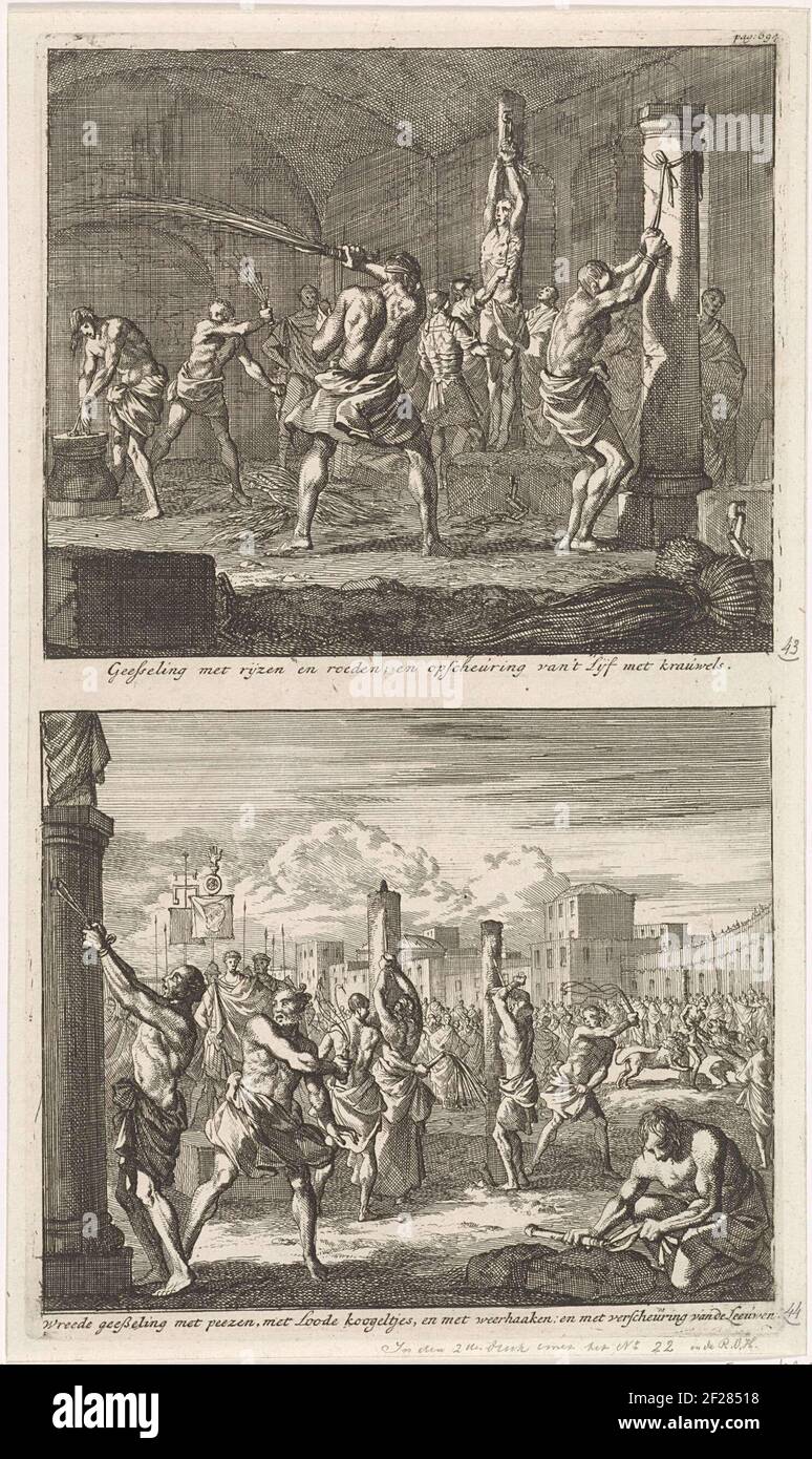 Zwei Aufführungen auf einem Teller. Oben: Christen werden mit Aares in einer Zelle versorgt. Unten: Christen werden in der Öffentlichkeit mit Peitschen gesprochen und dann von Löwen auseinandergerissen. Stockfoto