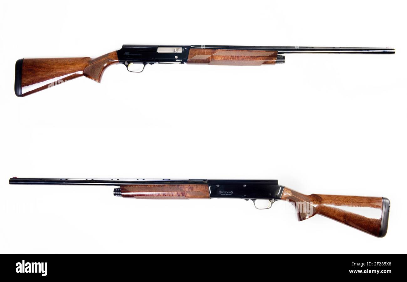 Fort Worth, Texas - Februar 2021 Nahaufnahme einer A5 Browning Sweet 16 in16 Guage Schrotflinte vorne und hinten. Wurde das erste Design von John Browning im Jahr 1898. Stockfoto