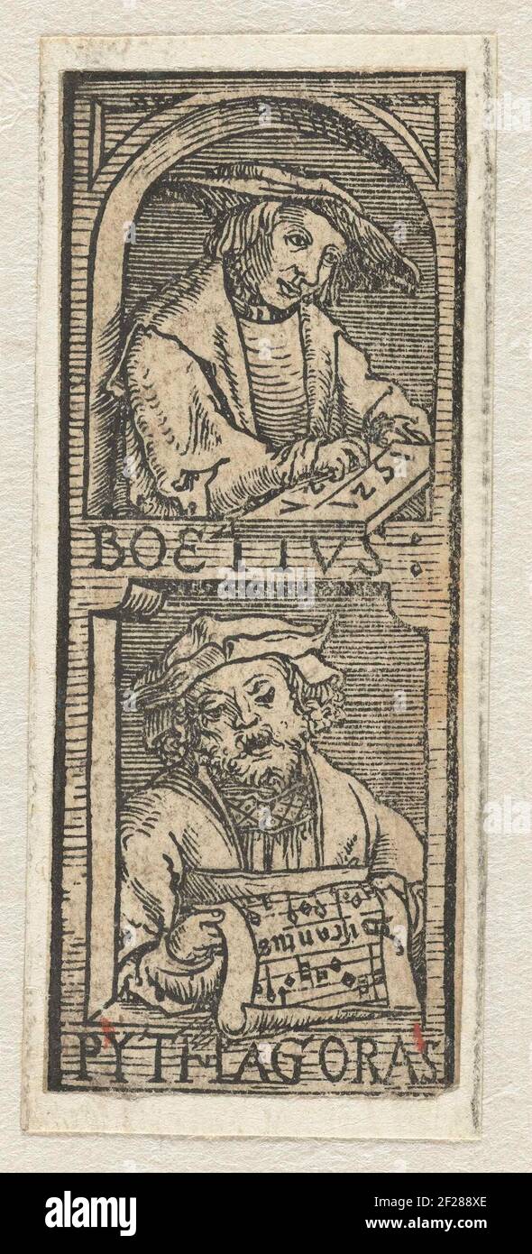 Boëthius und Pythagoras; Boetius: Pythagoras.Twee von vier Porträts von Wissenschaftlern aus der traurigen Antike und dem frühen Mittelalter. Boëthius Schreiben und pythagoras mit Noten in den Händen. Stockfoto