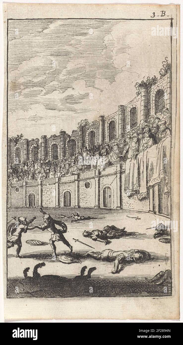 Vechtene gladiatoren in einer Arena.zwei Gladiatoren treten in einer Arena gegeneinander an. Um sie herum liegen die Leichen anderer Gladiatoren. Das Publikum schaut von einem geschäftigen Stand aus. Oben rechts: 3. B. Stockfoto