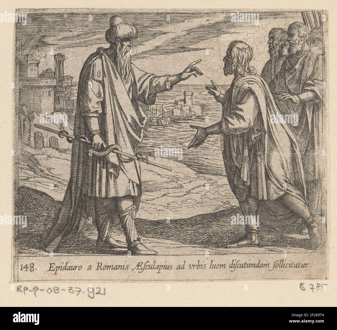 Aesoulapius spreekt und decken die Romeinen; die Stadt von den Römern als Aesculapius von Epidaurus iuem Verteilung der Kräfte zu werden; die Metamorphosen oder Transformationen; Metamorfosen Van Ovidius.der gott der Medizin, Asclepius, spricht gegen eine Gruppe von Römern. Standarduntermarsch für den Titel. Stockfoto